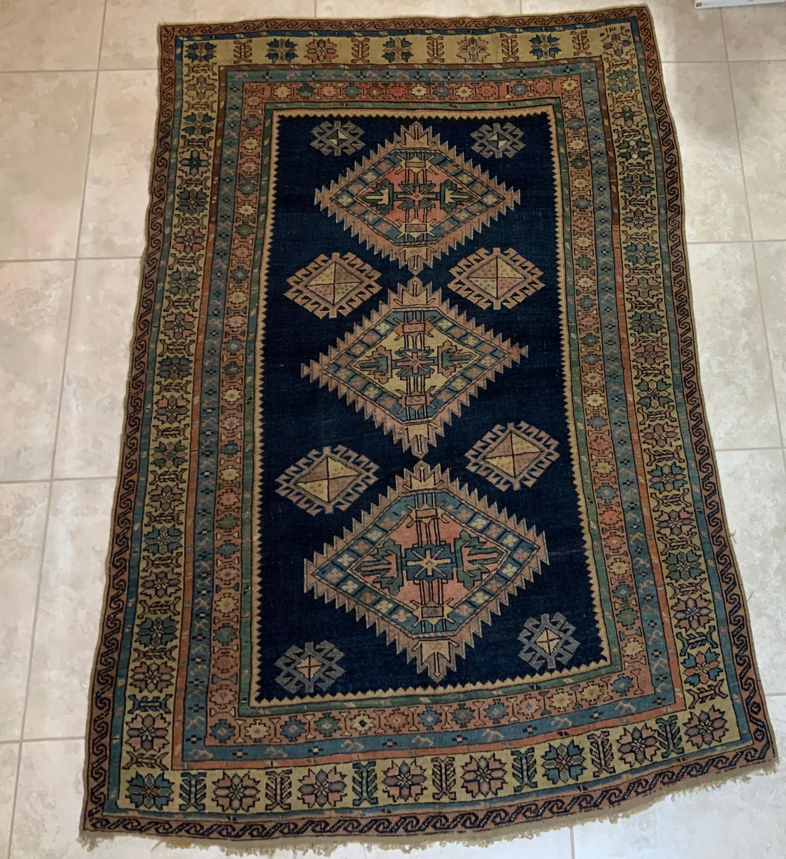 Antiqe Blue Geometric Kazak Rug For Sale 12