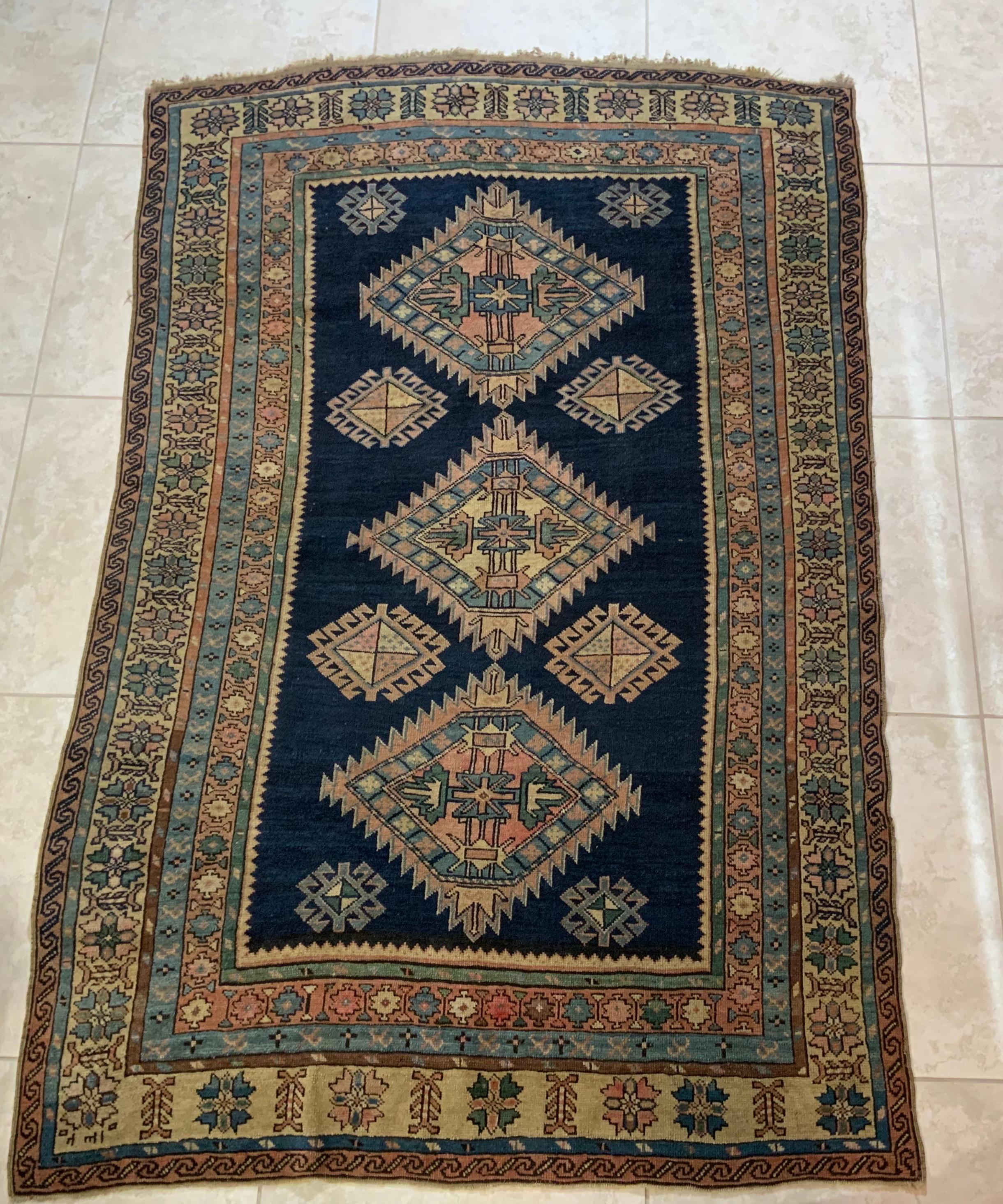 Caucasian Antiqe Blue Geometric Kazak Rug For Sale