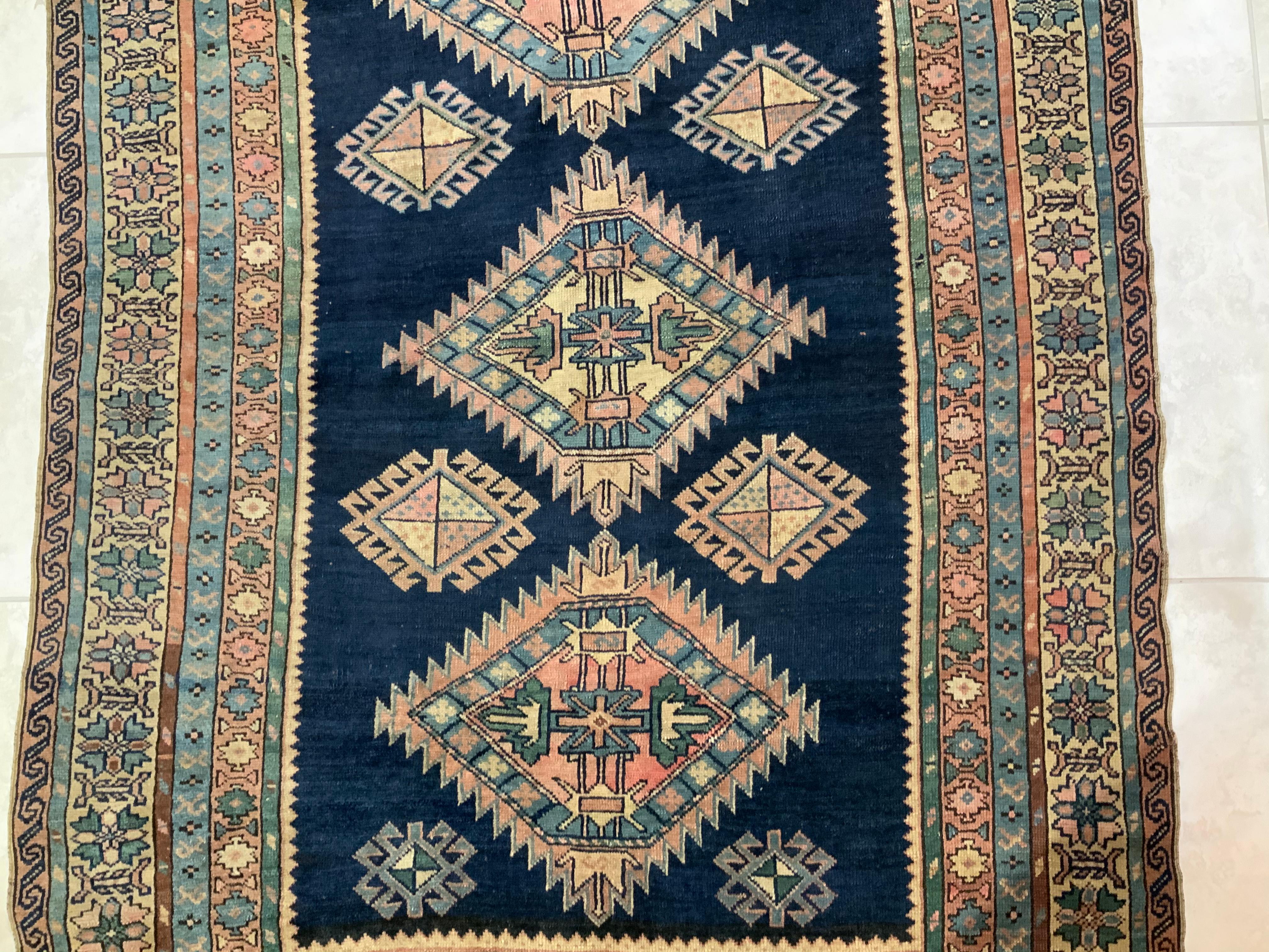 Antiqe Blue Geometric Kazak Rug In Good Condition For Sale In Delray Beach, FL