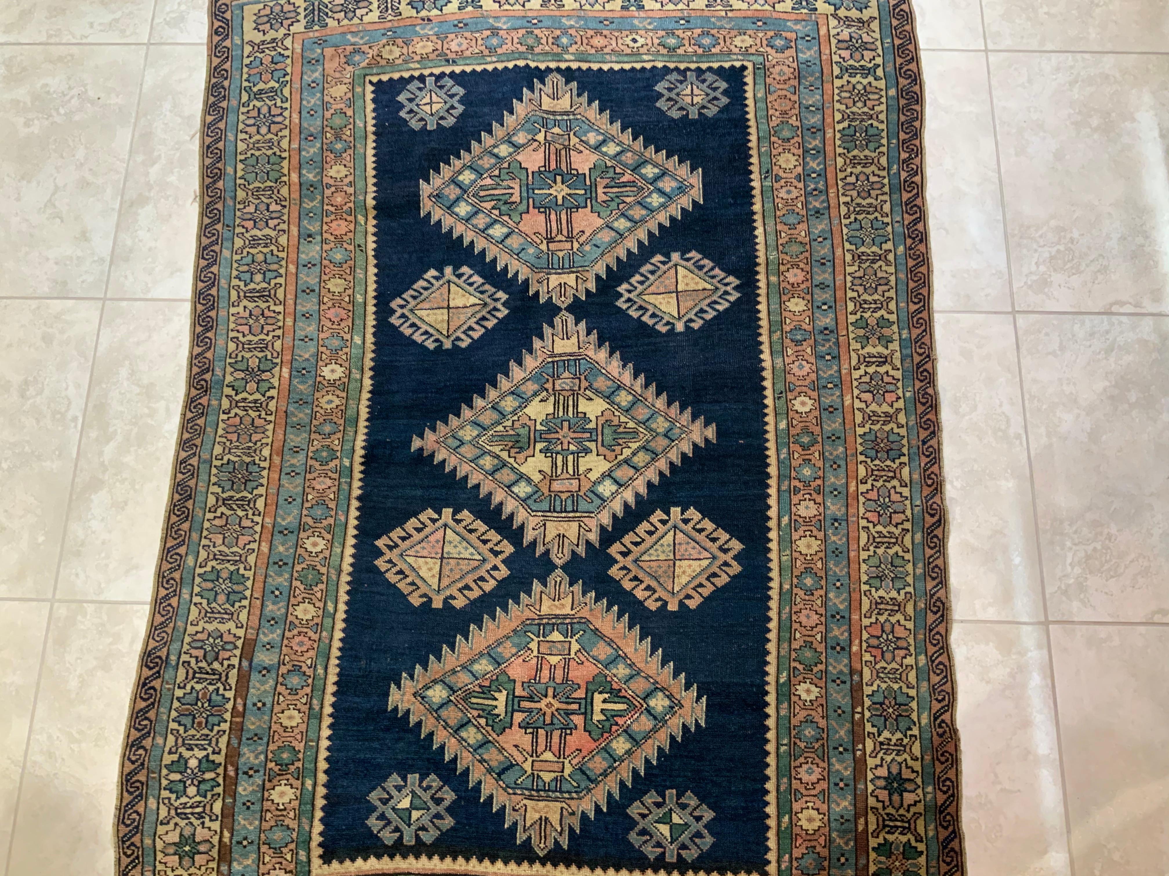 Early 20th Century Antiqe Blue Geometric Kazak Rug For Sale