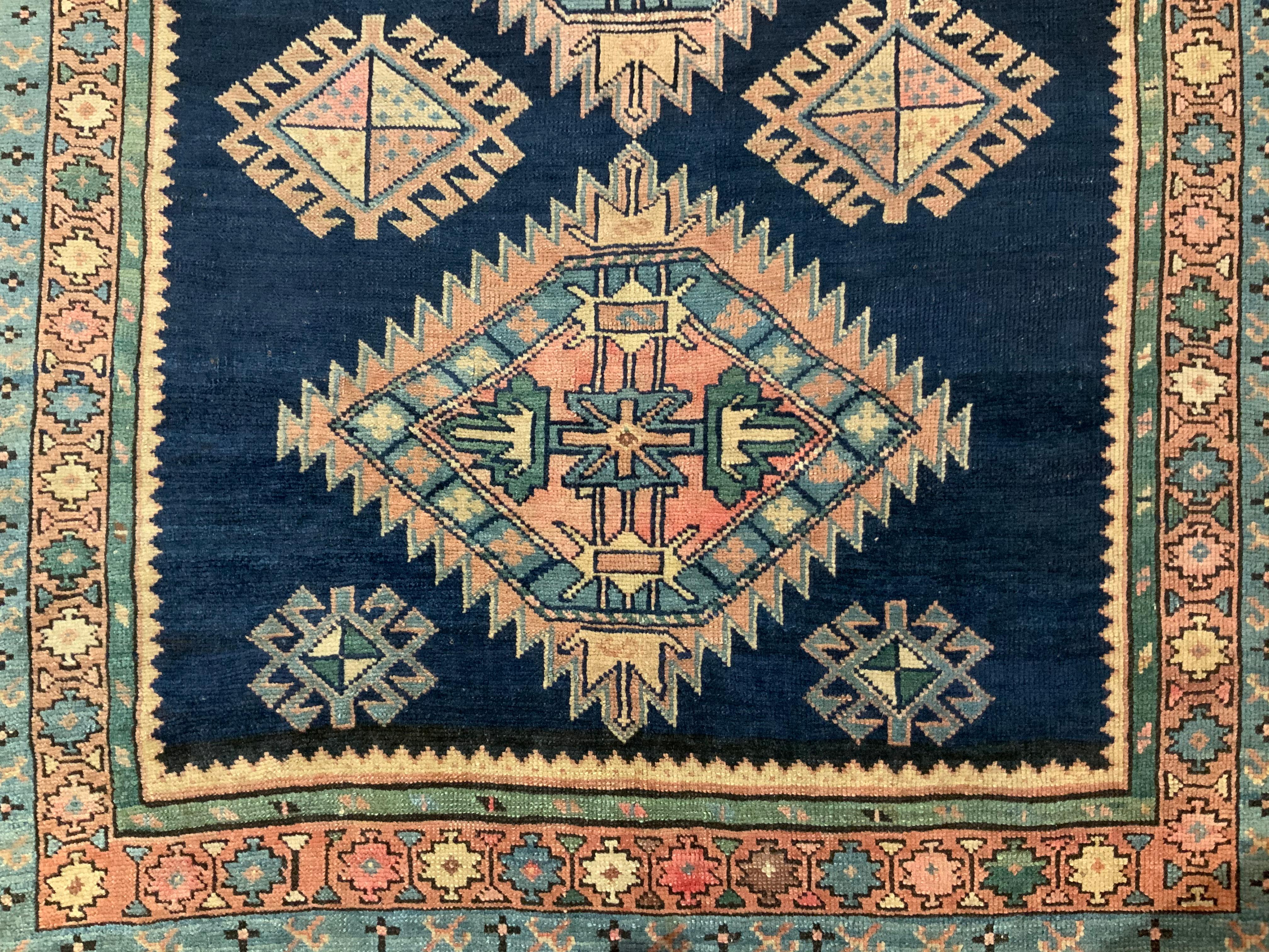 Wool Antiqe Blue Geometric Kazak Rug For Sale