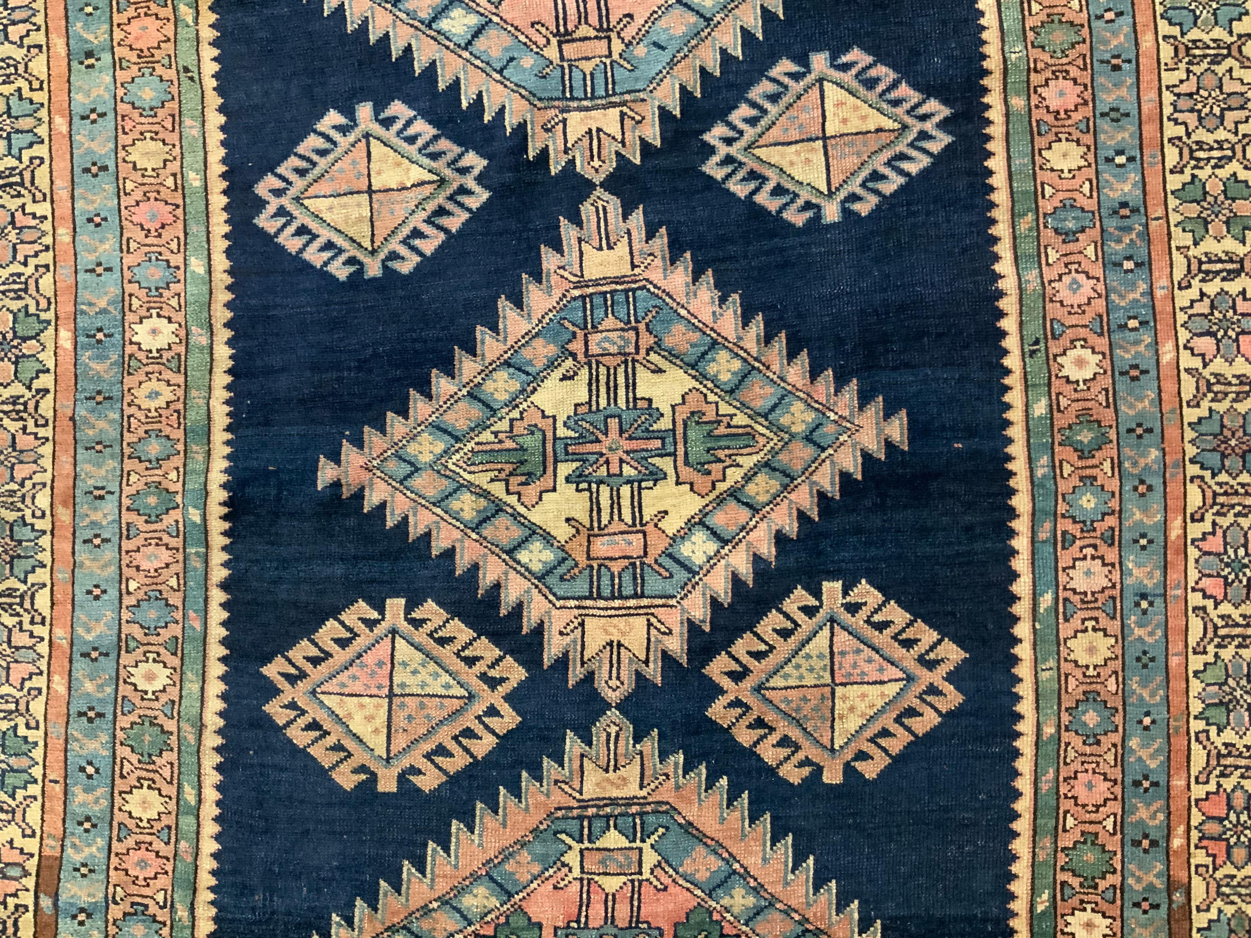 Antiqe Blue Geometric Kazak Rug For Sale 1