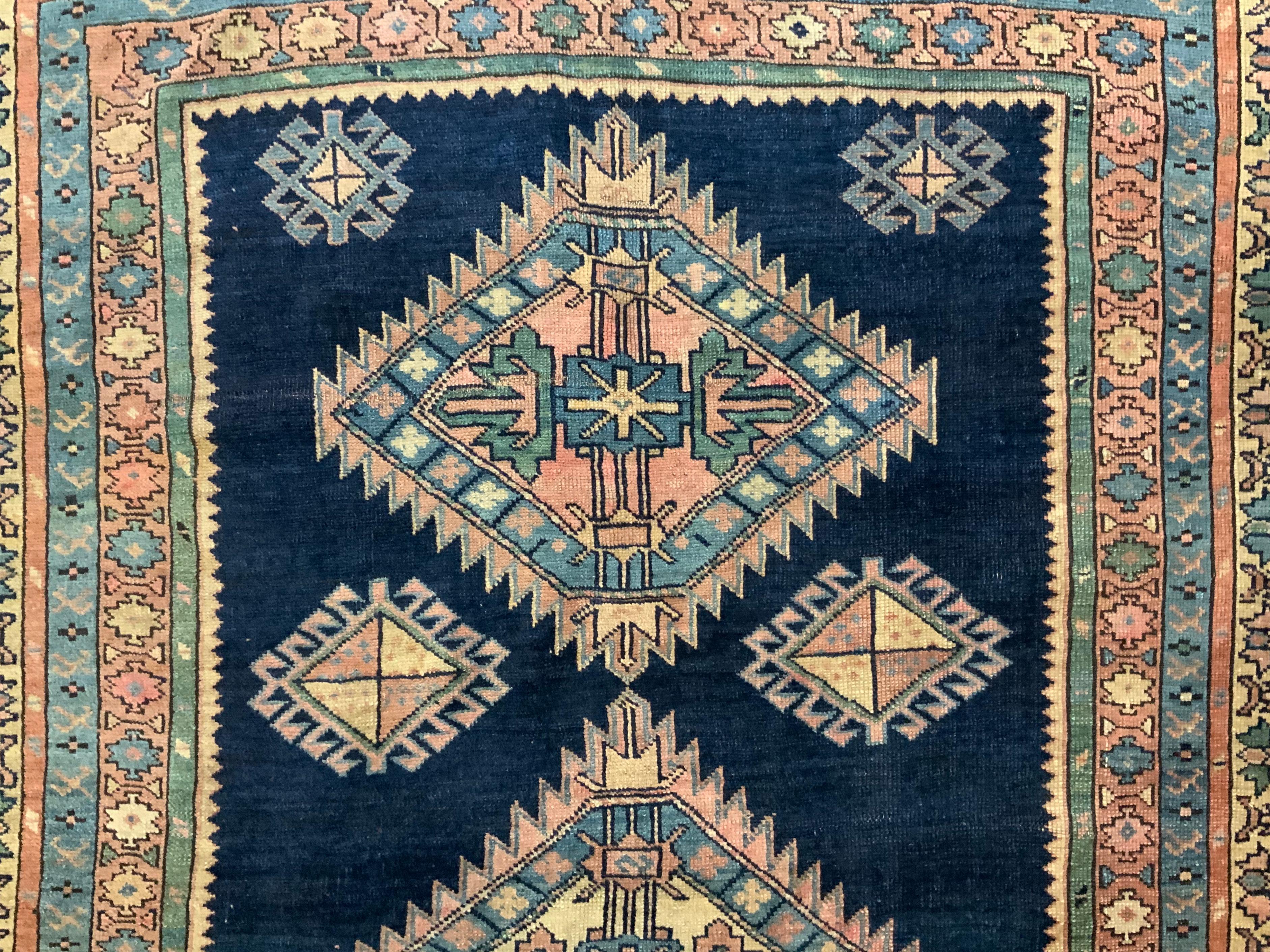 Antiqe Blue Geometric Kazak Rug For Sale 2