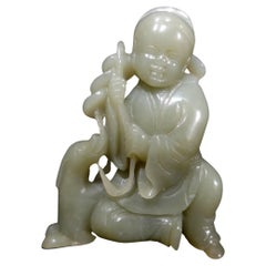 Antiqe Chinese Carved Hetain Light Gray/Green Jade Figure Liu Hai, 19th Century