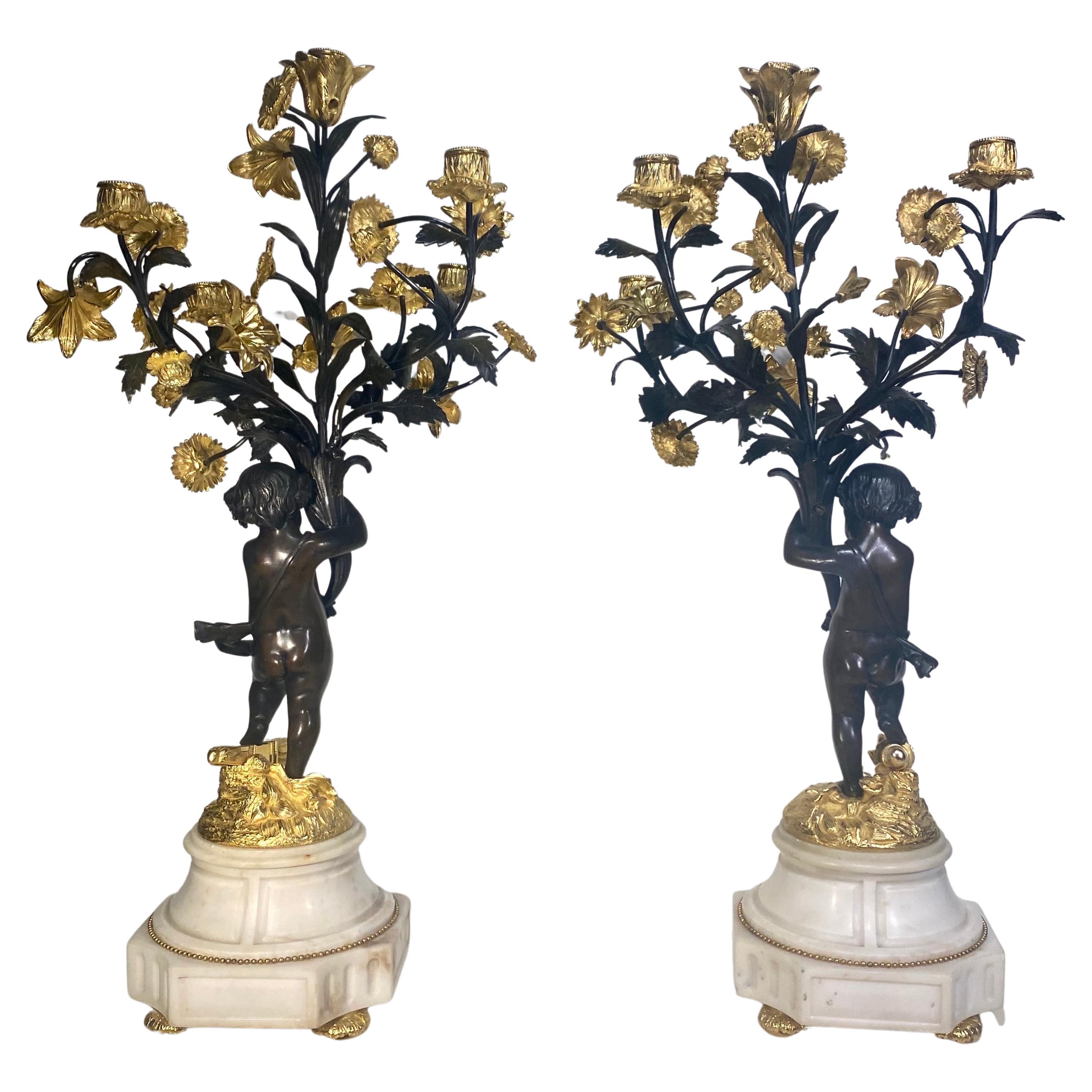Antiqie Pair Large Impressive French Bronze Dore 5 Light Cherub Putti Candelabra For Sale 9