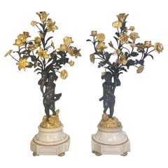 Antiqie Pair Large Impressive French Bronze Dore 5 Light Cherub Putti Candelabra