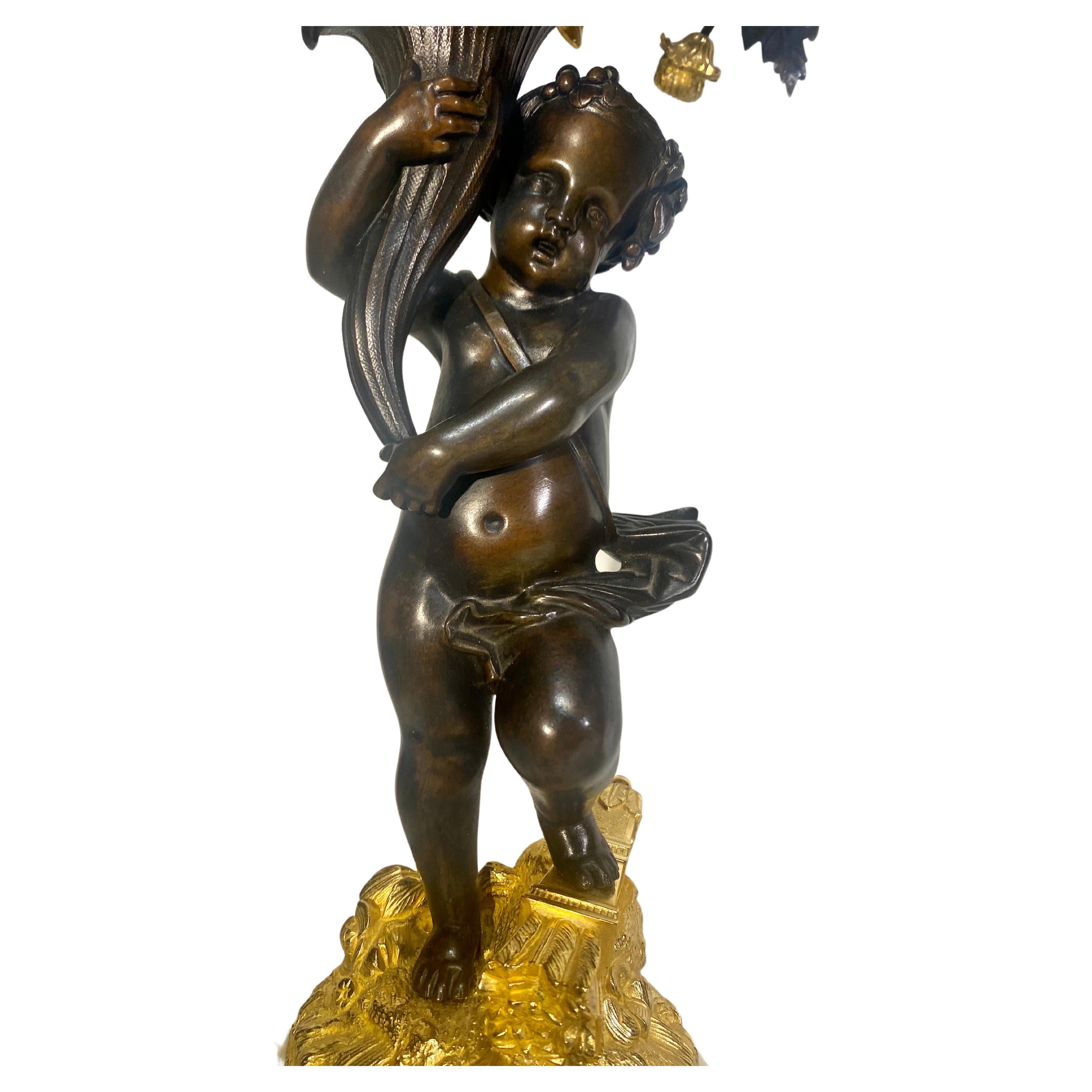 Antiqie Pair Large Impressive French Bronze Dore 5 Light Cherub Putti Candelabra In Excellent Condition For Sale In London, GB