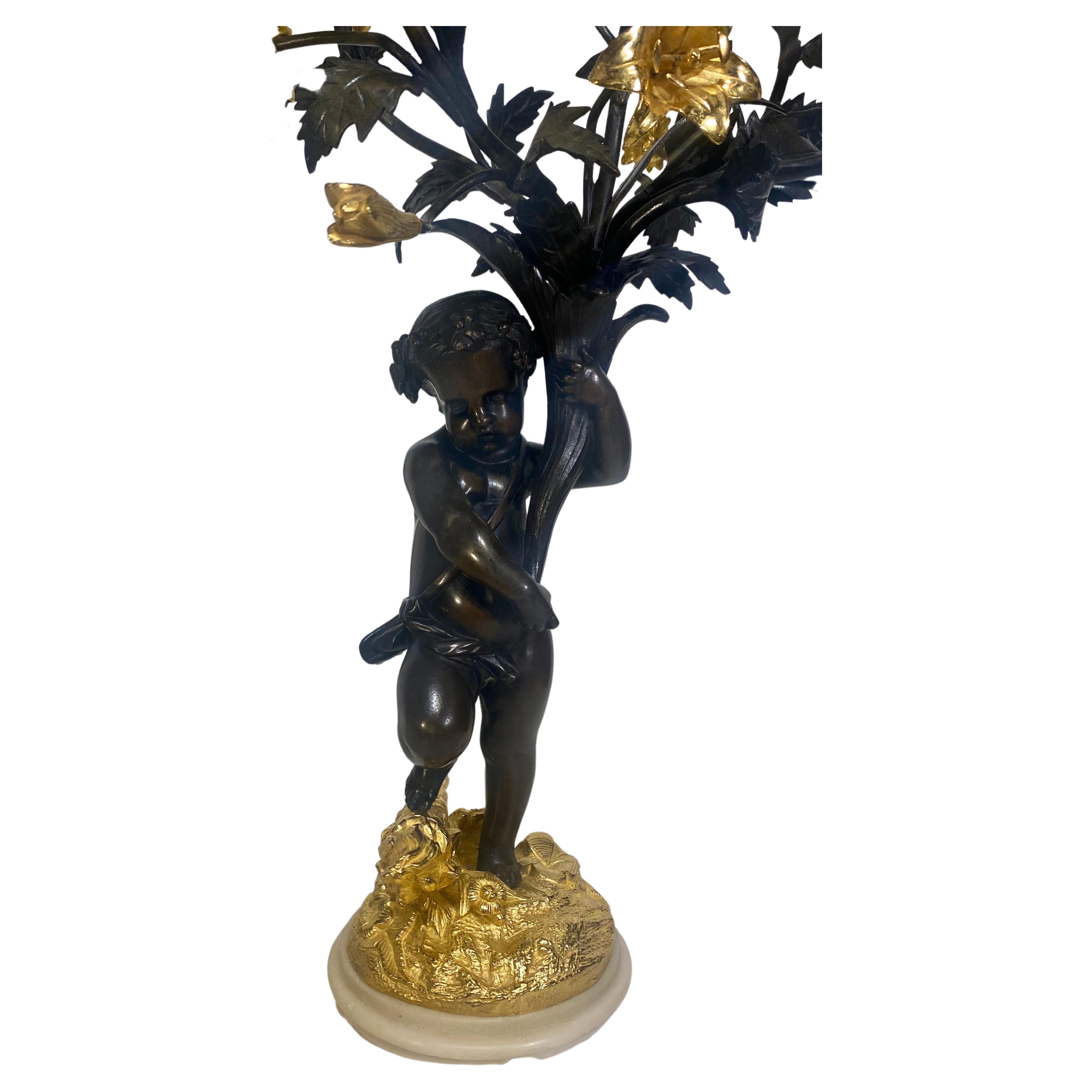 Mid-19th Century Antiqie Pair Large Impressive French Bronze Dore 5 Light Cherub Putti Candelabra For Sale