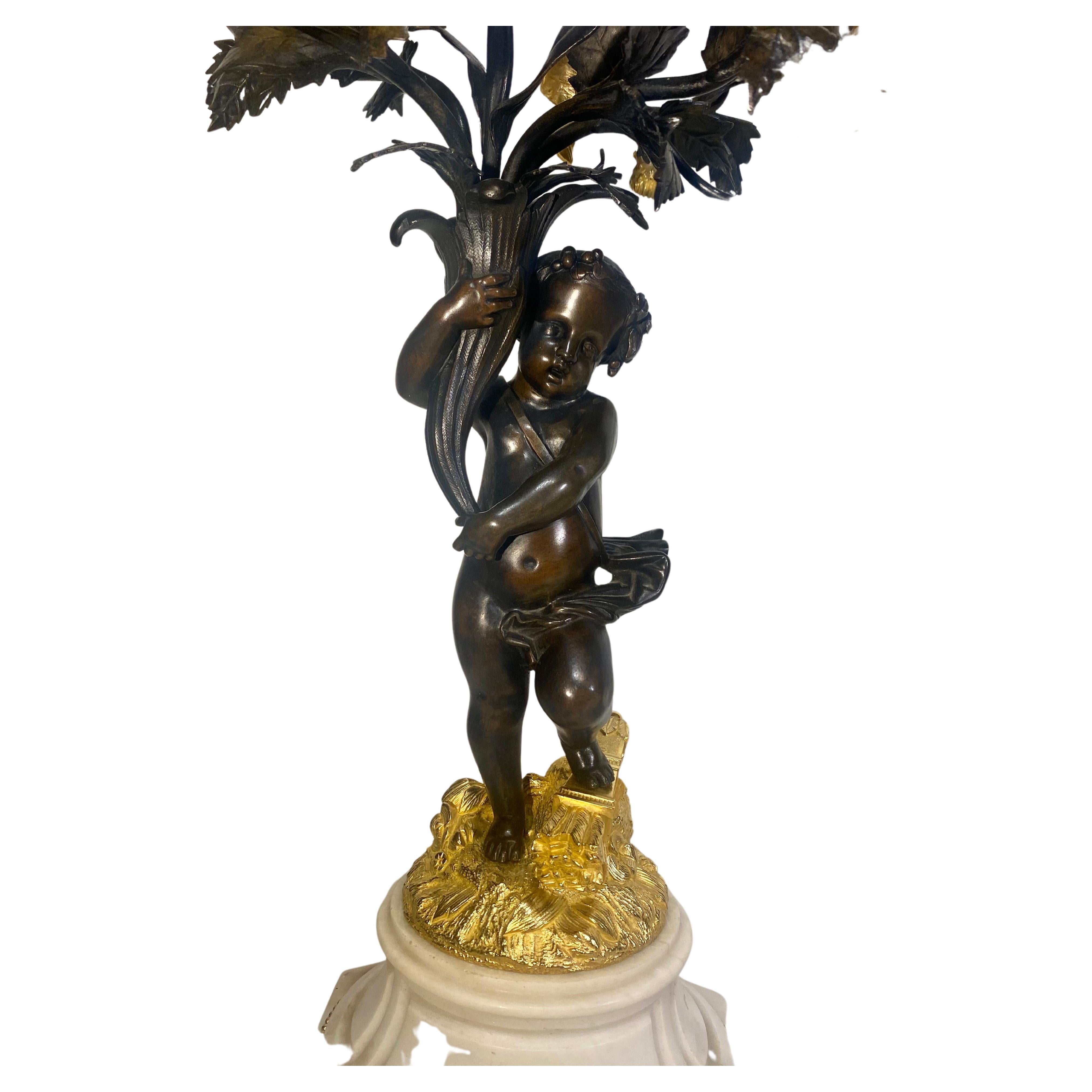 Antiqie Pair Large Impressive French Bronze Dore 5 Light Cherub Putti Candelabra For Sale 1