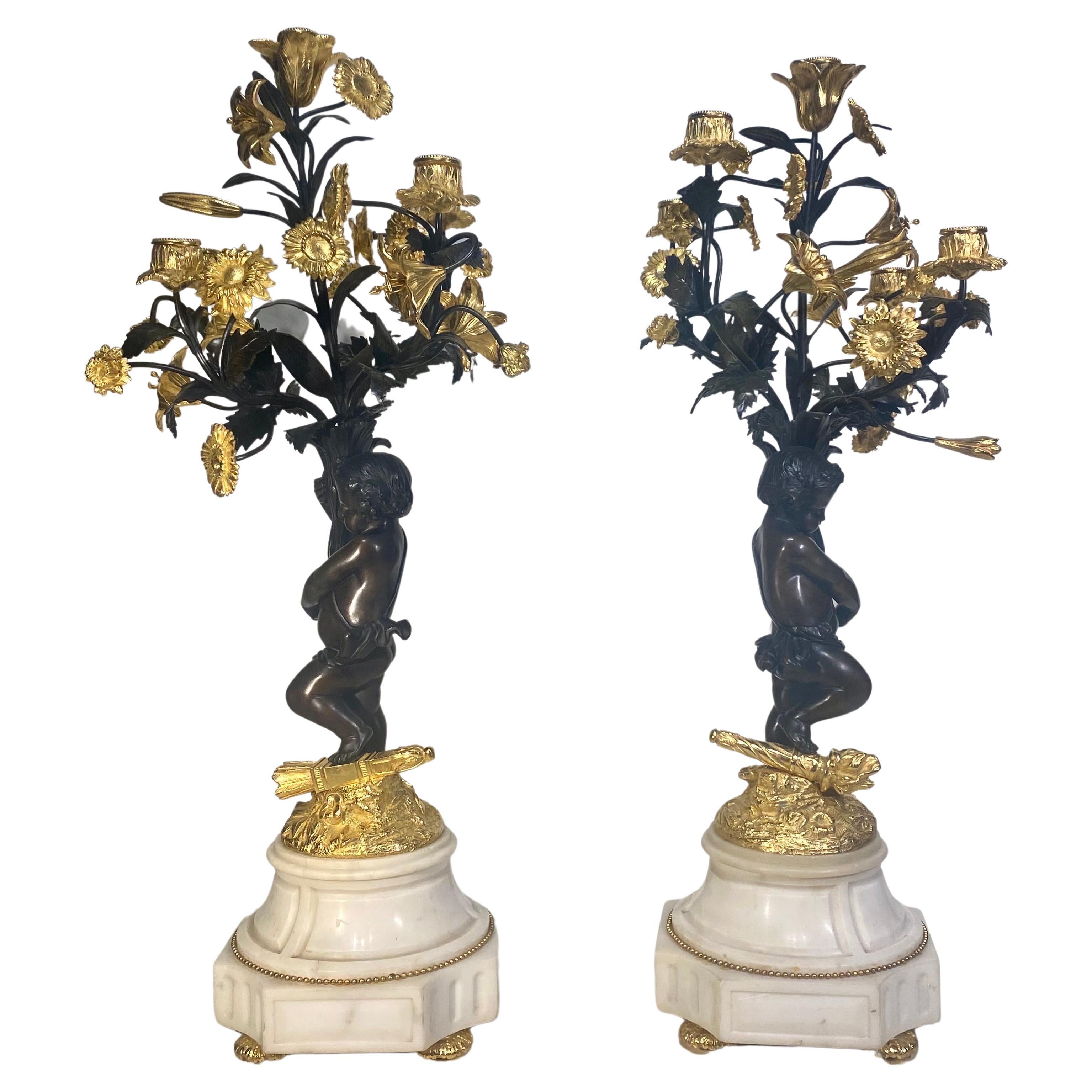 Antiqie Pair Large Impressive French Bronze Dore 5 Light Cherub Putti Candelabra For Sale 2