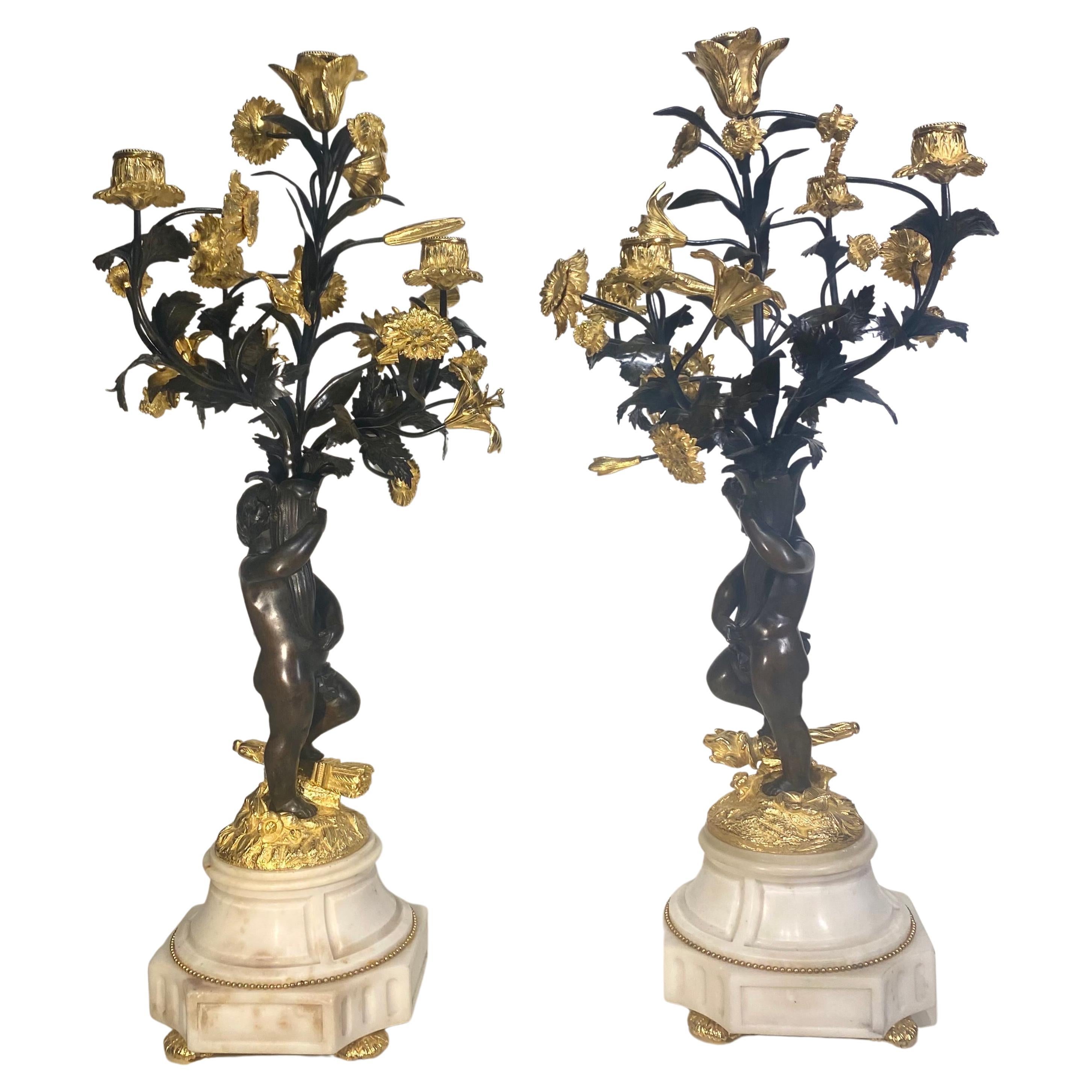 Antiqie Pair Large Impressive French Bronze Dore 5 Light Cherub Putti Candelabra For Sale 3