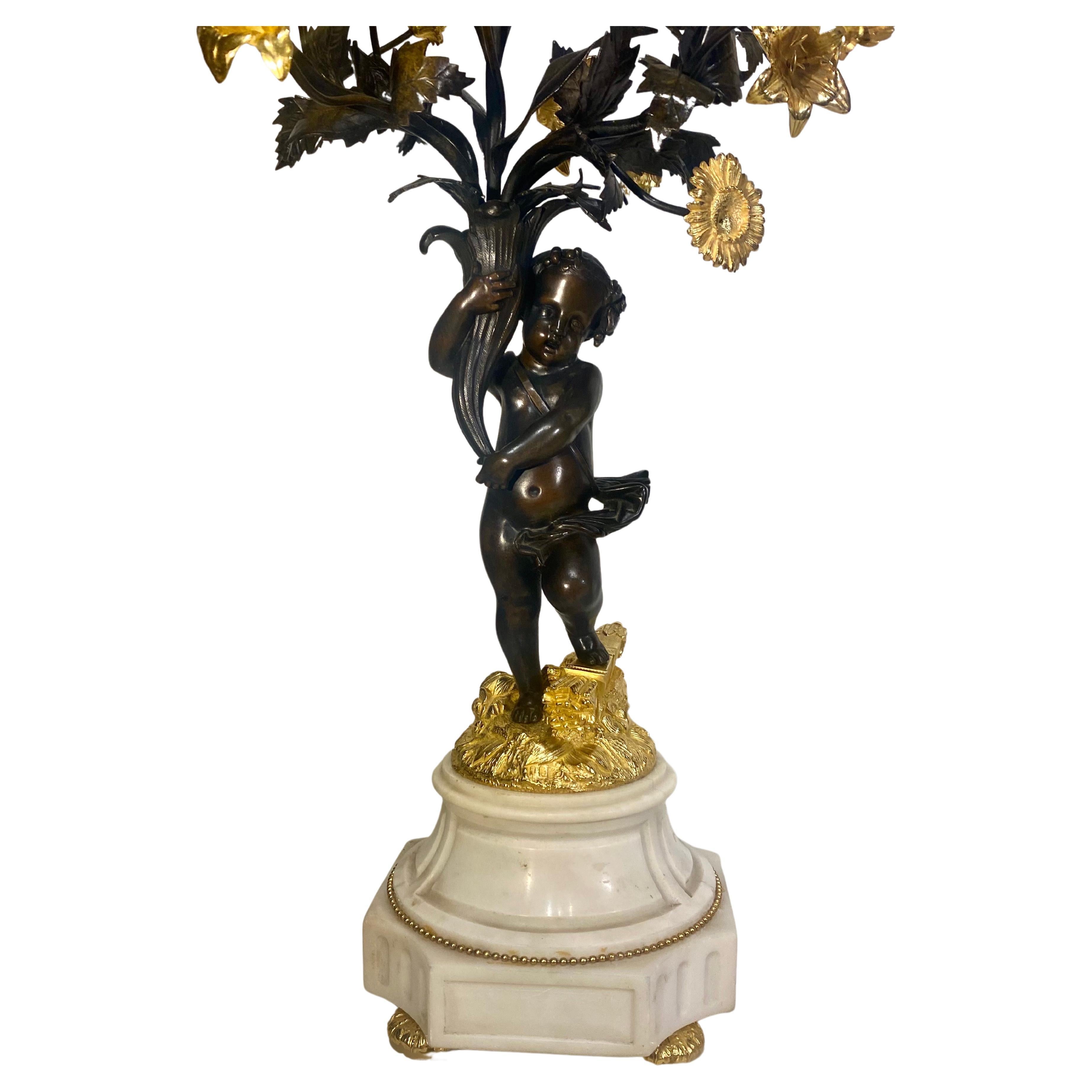 Antiqie Pair Large Impressive French Bronze Dore 5 Light Cherub Putti Candelabra For Sale 4