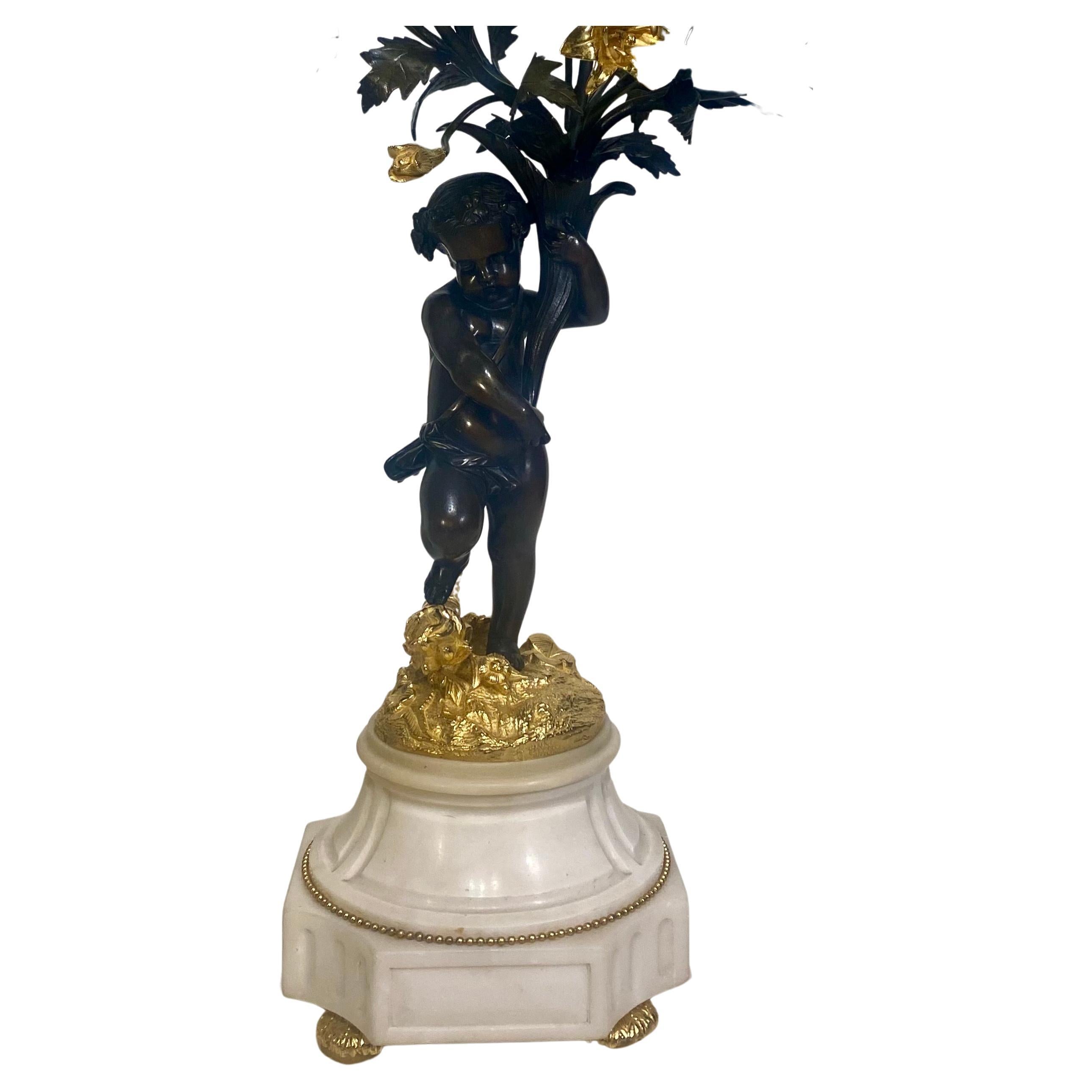 Antiqie Pair Large Impressive French Bronze Dore 5 Light Cherub Putti Candelabra For Sale 5
