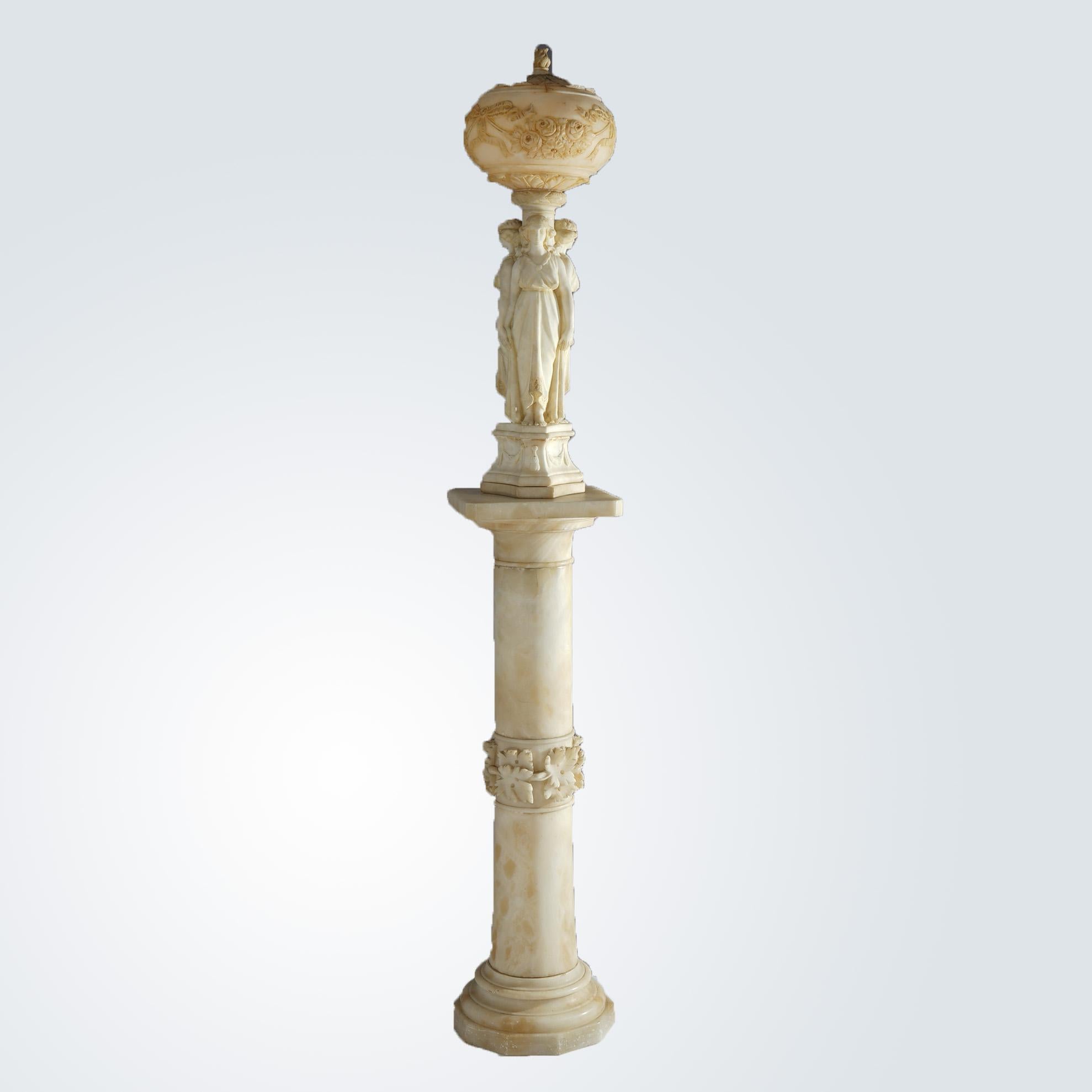 AntiqNeoclassical Carved Alabaster Three Graces Sculptural Lamp & Pedestal  9