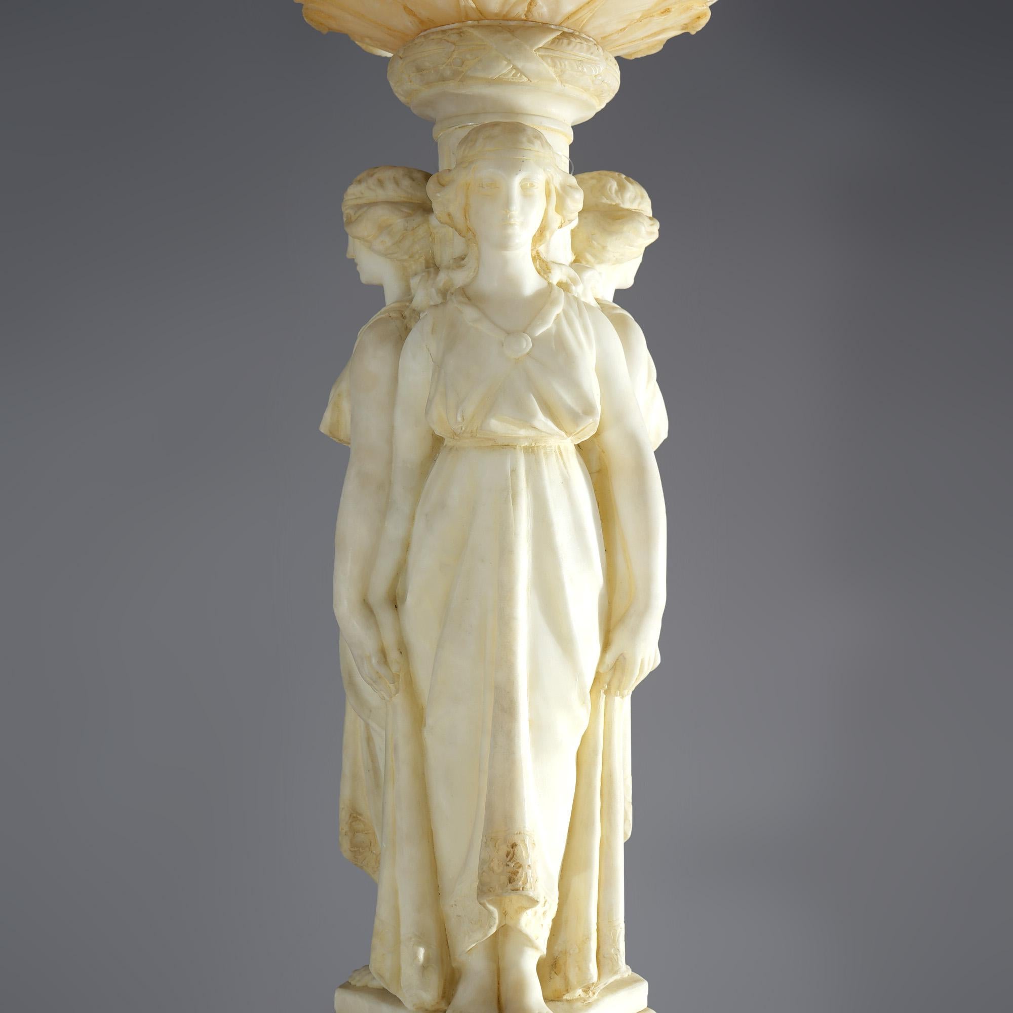 AntiqNeoclassical Carved Alabaster Three Graces Sculptural Lamp & Pedestal  10