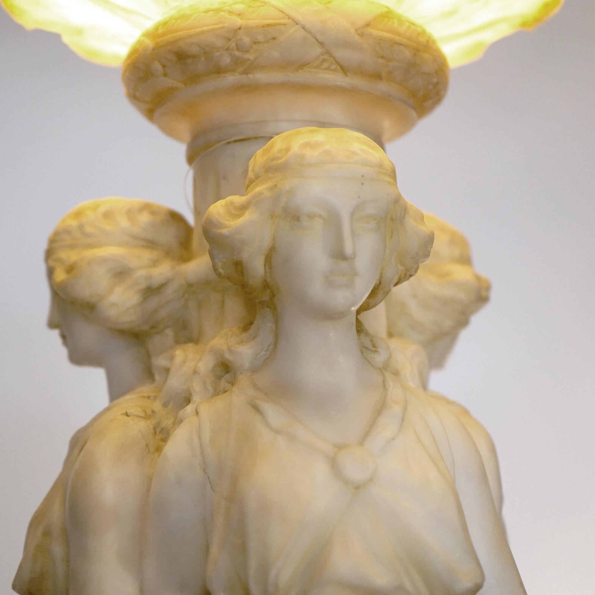 ***Ask About Reduced In-House Shipping Rates - Reliable Service & Fully Insured***
An antique Neoclassical figural lamp offers carved alabaster sculpture of the Three Graces surmounted by a globe and raised on a Greek Doric column having carved leaf