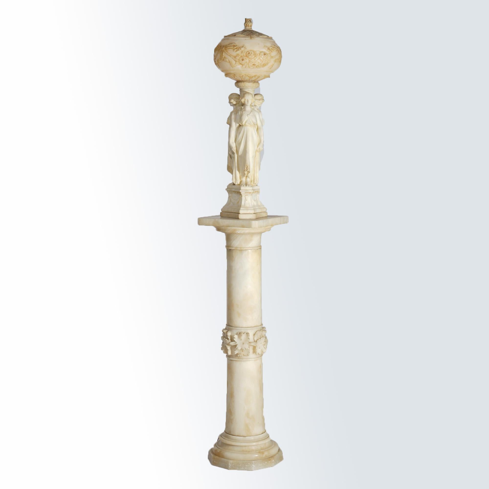 American AntiqNeoclassical Carved Alabaster Three Graces Sculptural Lamp & Pedestal 