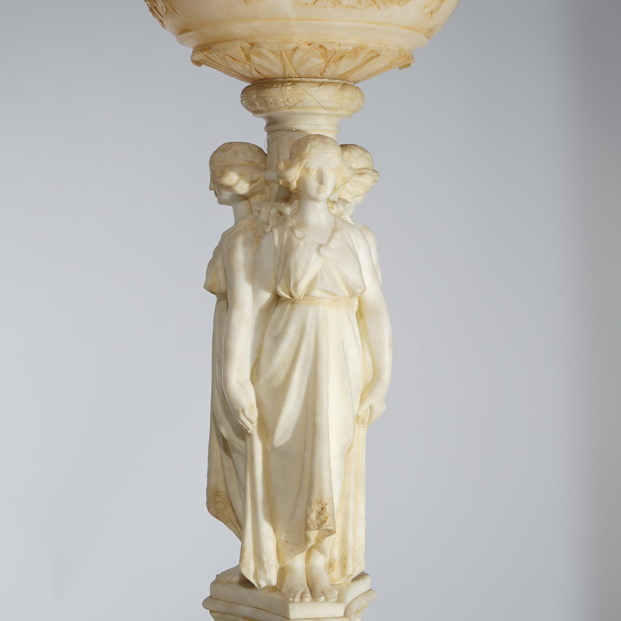 AntiqNeoclassical Carved Alabaster Three Graces Sculptural Lamp & Pedestal  In Good Condition In Big Flats, NY