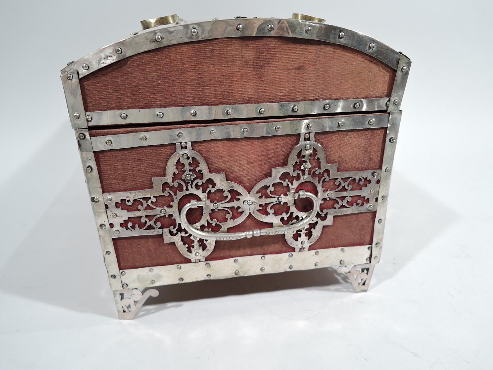 Antiquarian wood casket, 19th century. Wood box with straight sides. Cover hinged and domed. Studded metal borders and pierced tracery ornament with miniature watercolor portraits mounted to front and cover. Historic male subjects from the middle
