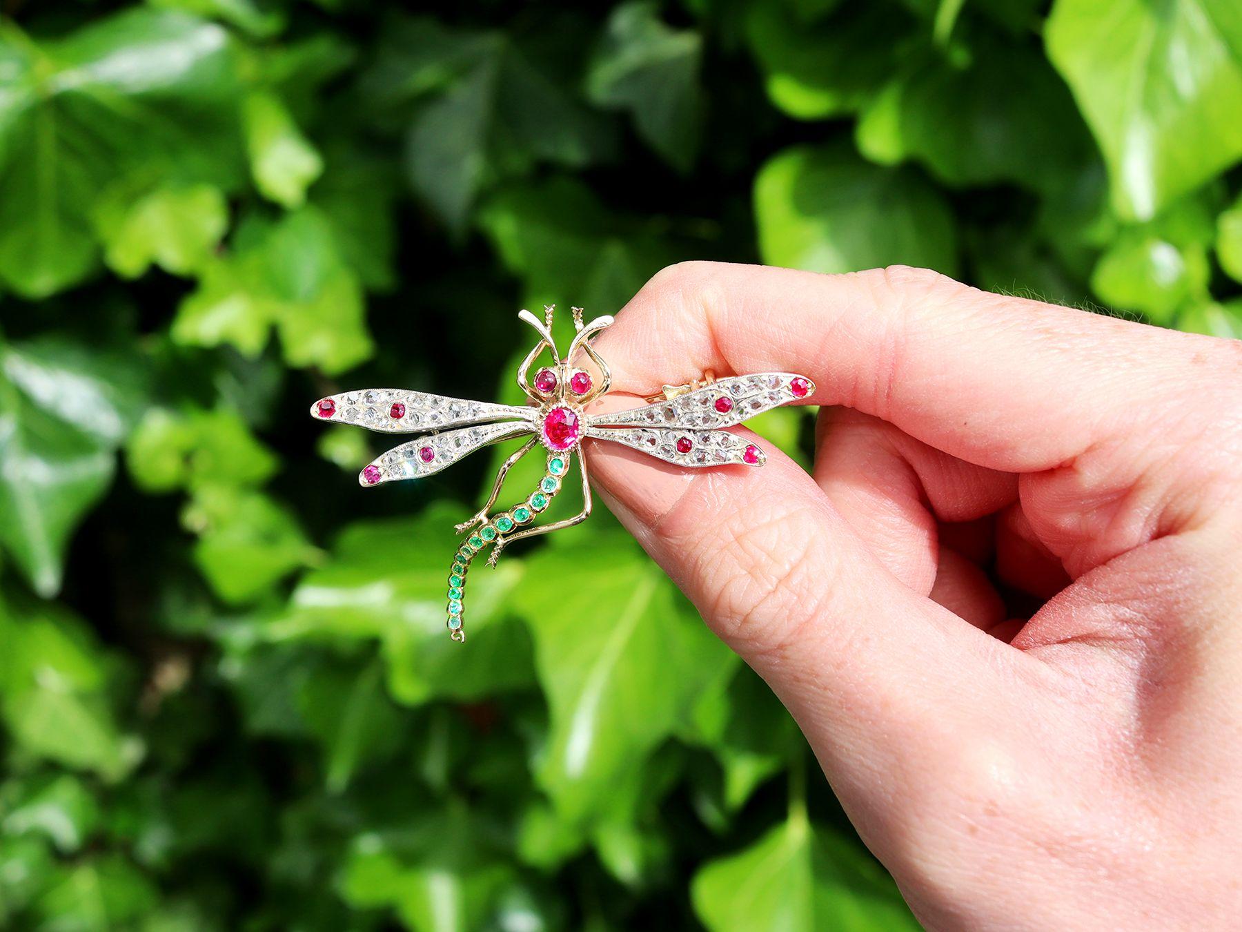 A stunning, fine and impressive antique 0.43 carat ruby, 0.11 carat emerald and 0.42 carat diamond, 18 carat yellow gold and silver set dragonfly brooch; part of our antique jewellery and collections

This stunning, fine and impressive antique