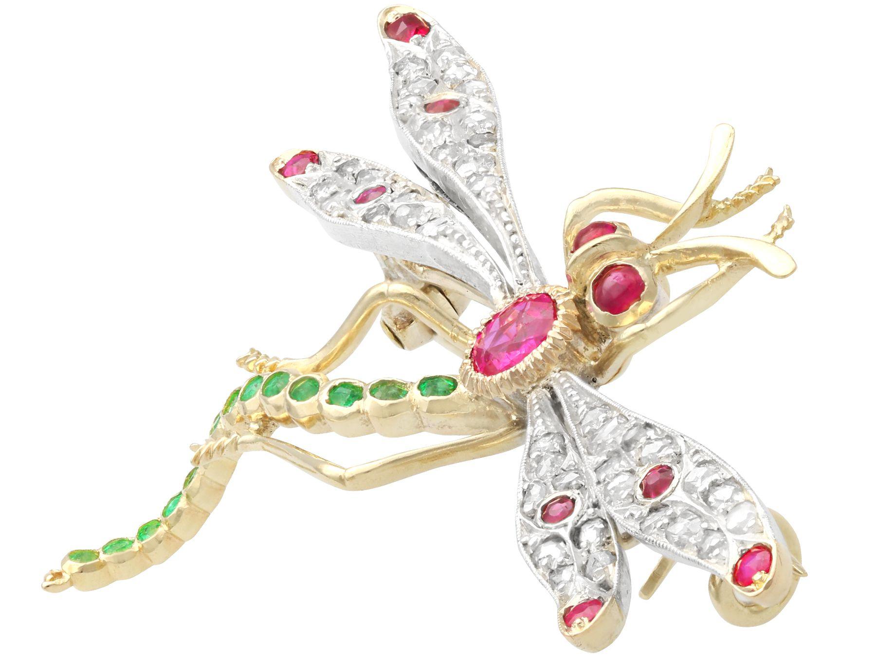 Round Cut Antiquate Ruby Emerald and Diamond Yellow Gold Dragonfly Brooch For Sale