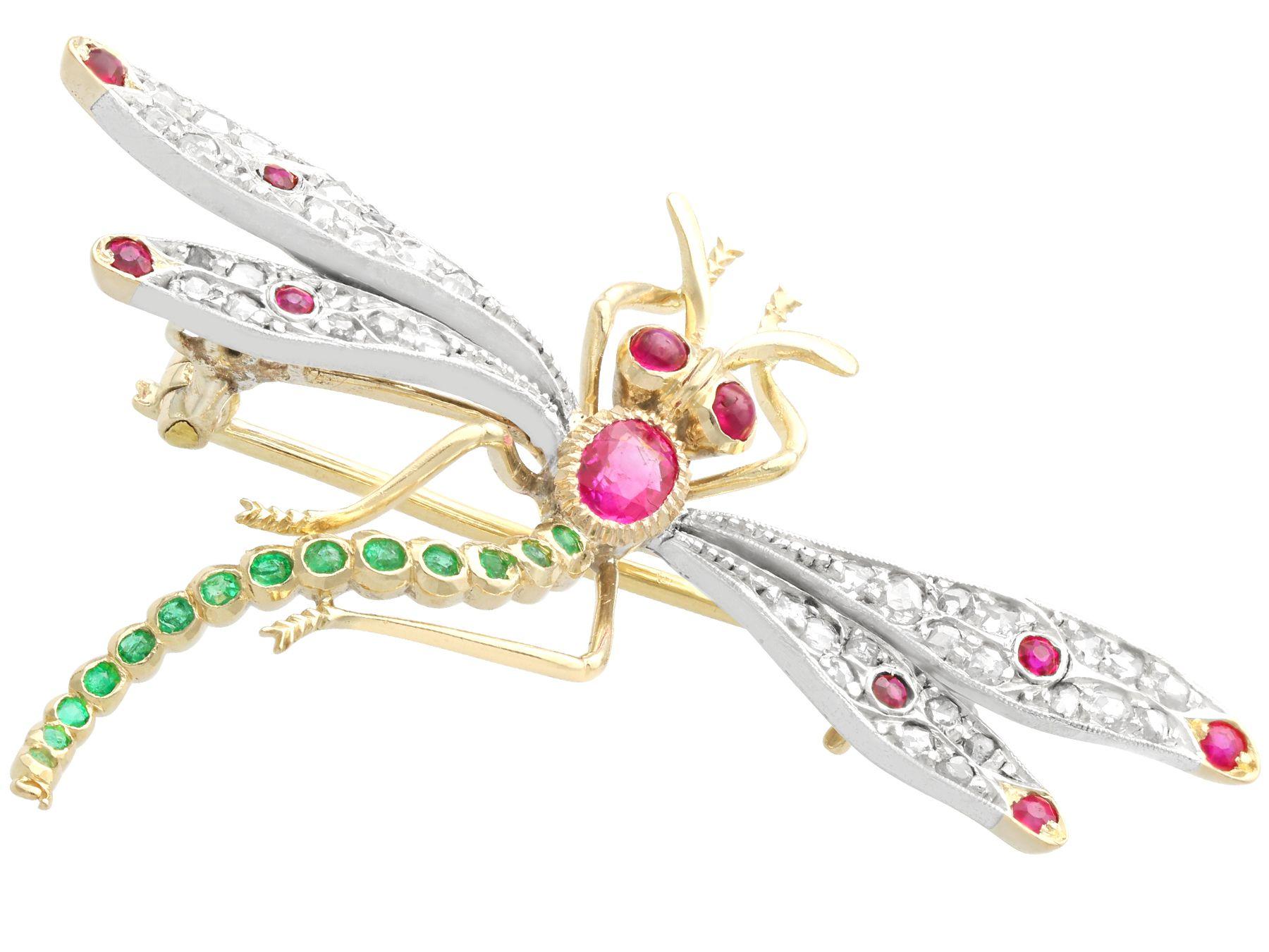 Antiquate Ruby Emerald and Diamond Yellow Gold Dragonfly Brooch In Excellent Condition For Sale In Jesmond, Newcastle Upon Tyne