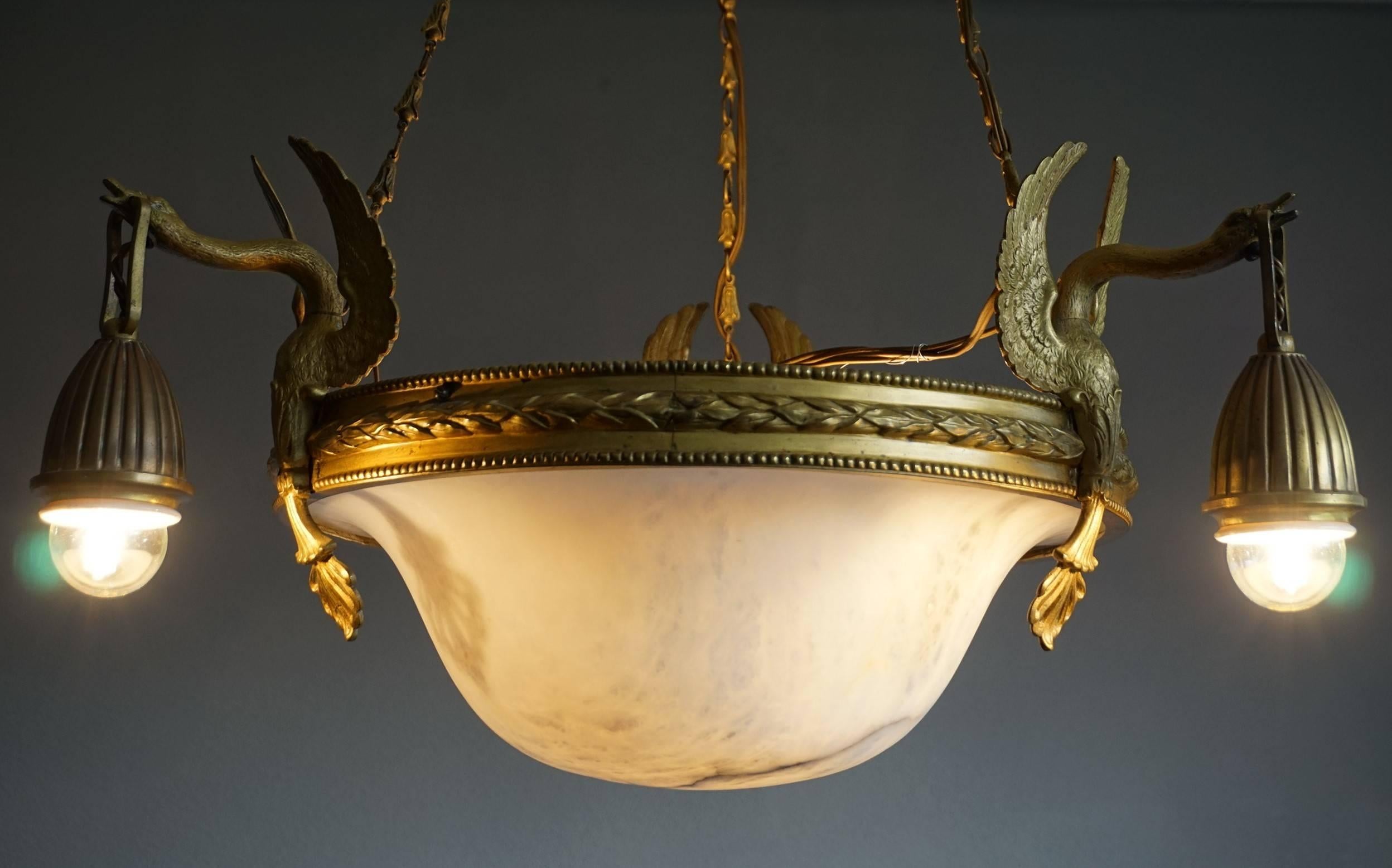 Brass Antique & Striking Empire Style Gilt Bronze and Alabaster Pendant Light Fixture