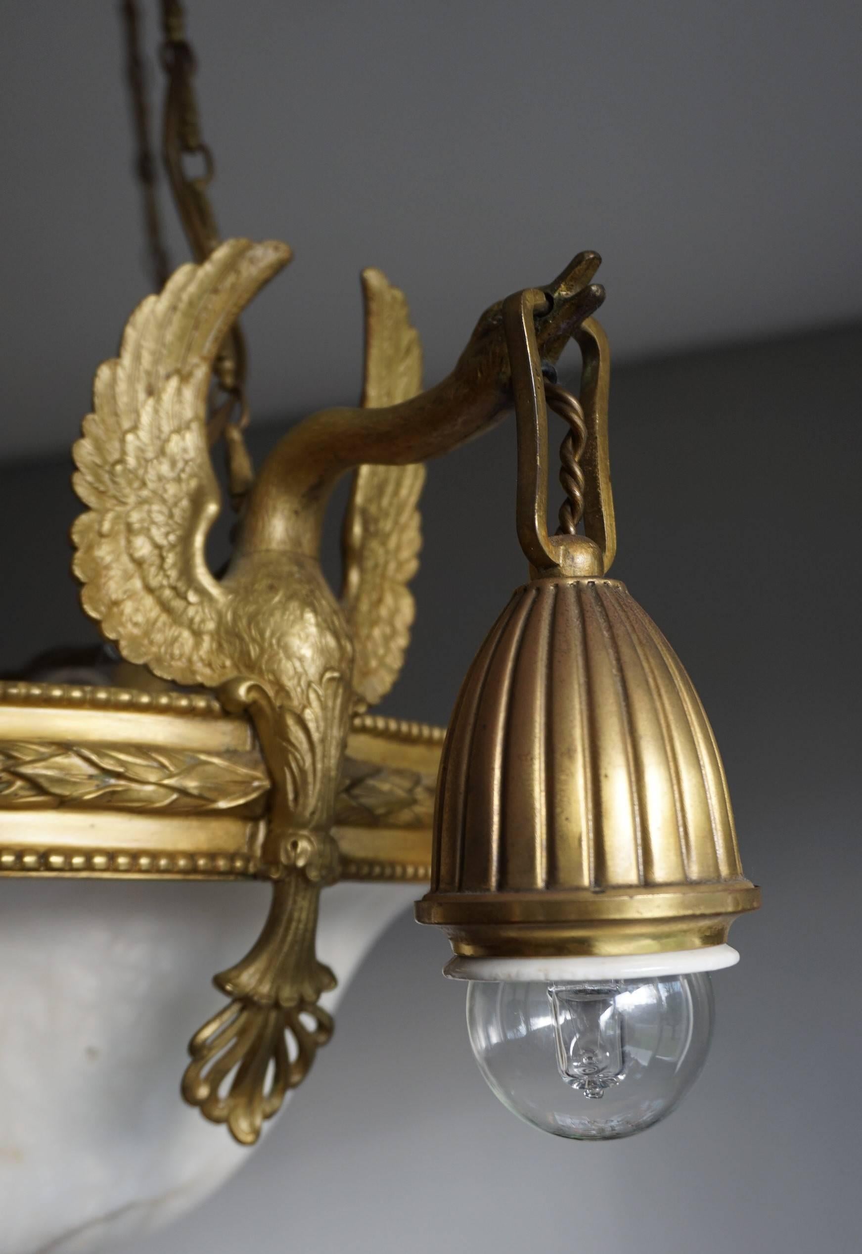 Antique & Striking Empire Style Gilt Bronze and Alabaster Pendant Light Fixture 4