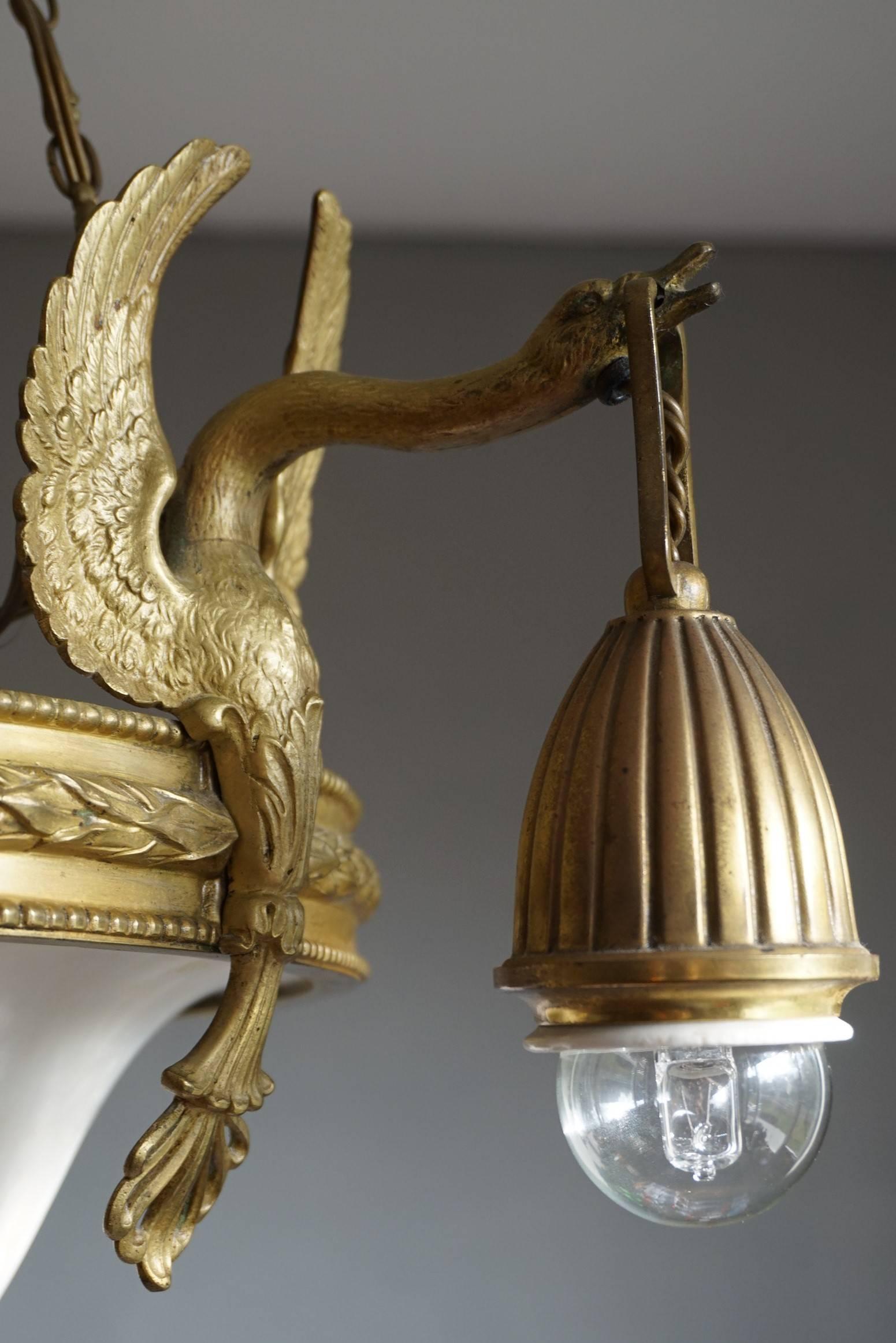 Polished Antique & Striking Empire Style Gilt Bronze and Alabaster Pendant Light Fixture