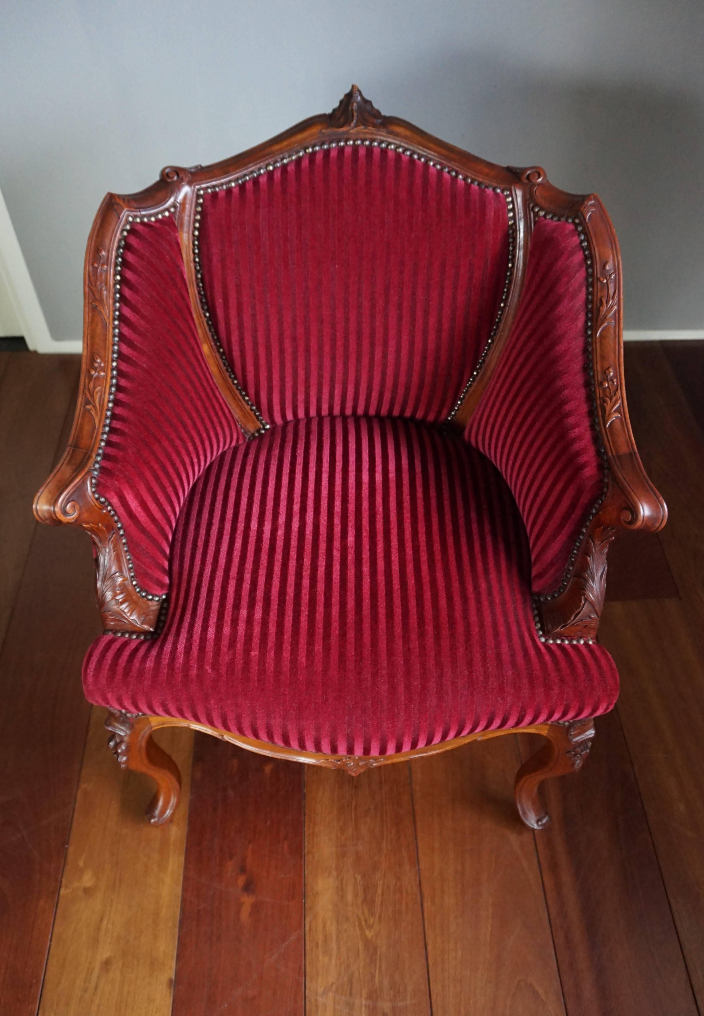 Antique and Stunning 19th Century Hand-Carved Mahogany and Red Velour Chair 7