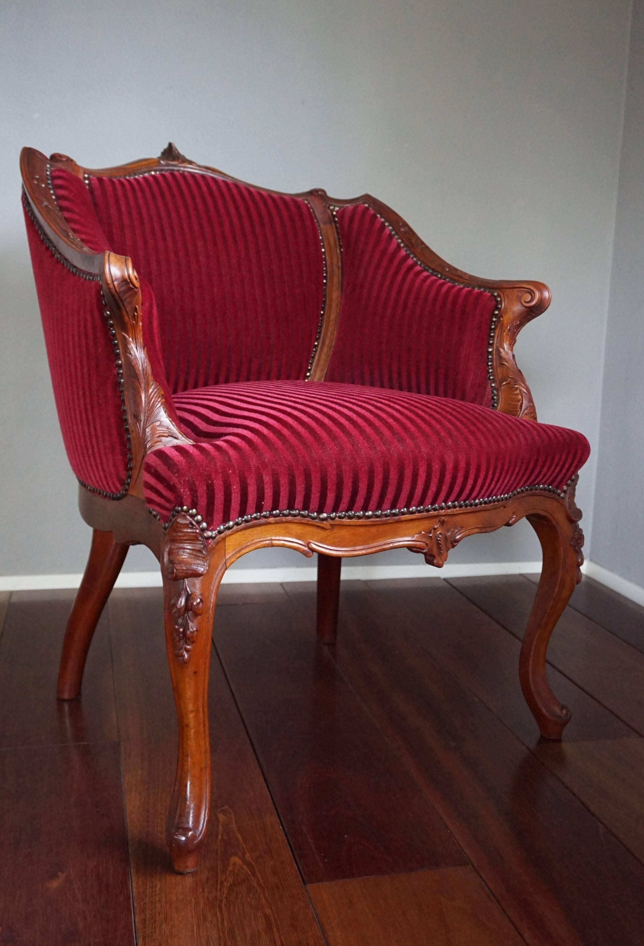 Antique and Stunning 19th Century Hand-Carved Mahogany and Red Velour Chair 11