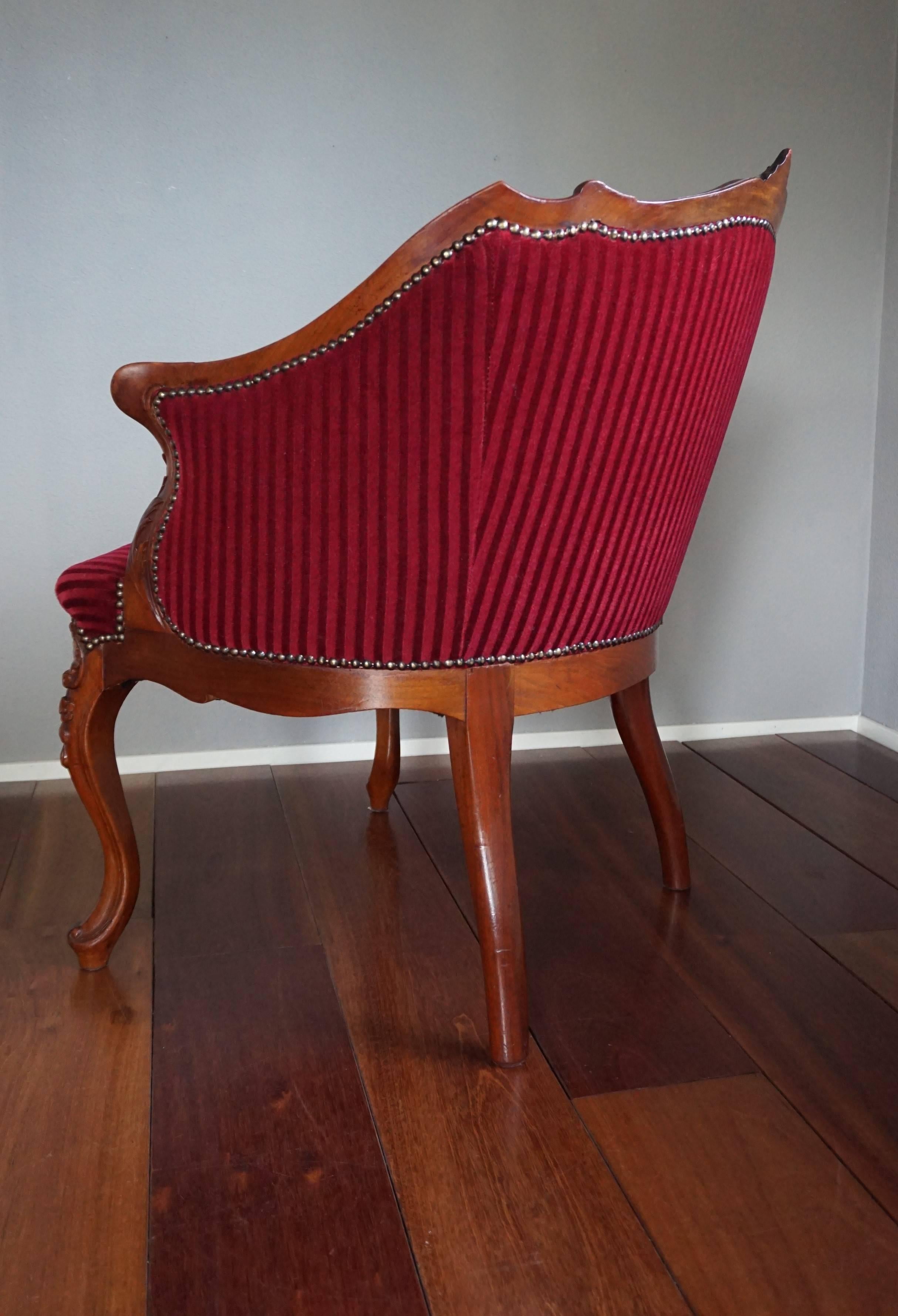 French Antique and Stunning 19th Century Hand-Carved Mahogany and Red Velour Chair