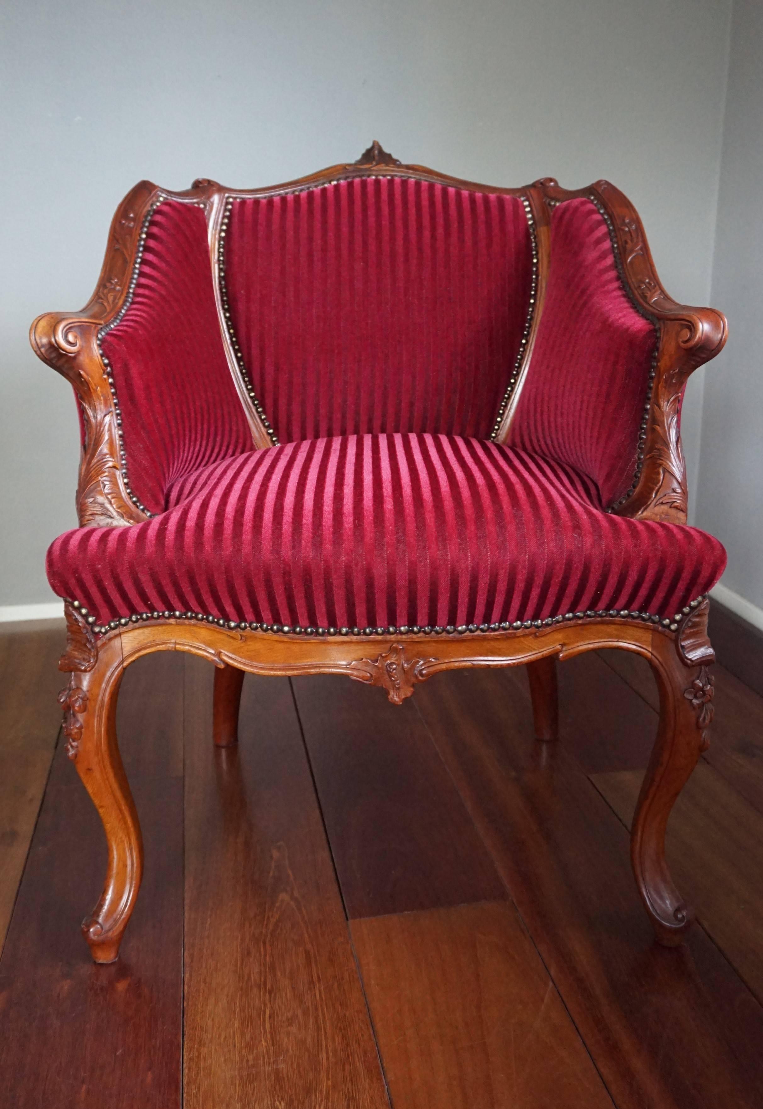 Hand-Crafted Antique and Stunning 19th Century Hand-Carved Mahogany and Red Velour Chair
