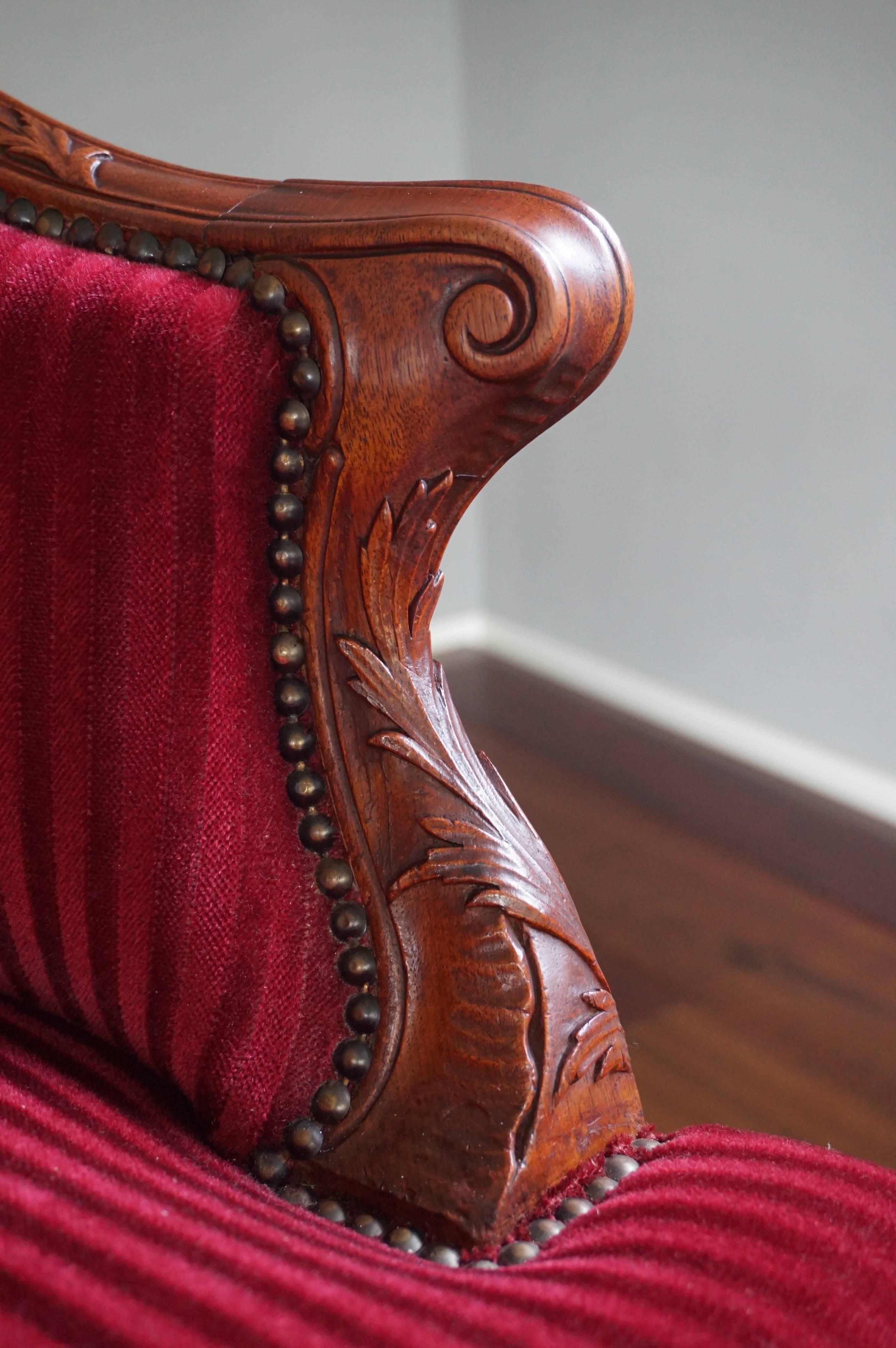 Antique and Stunning 19th Century Hand-Carved Mahogany and Red Velour Chair 1