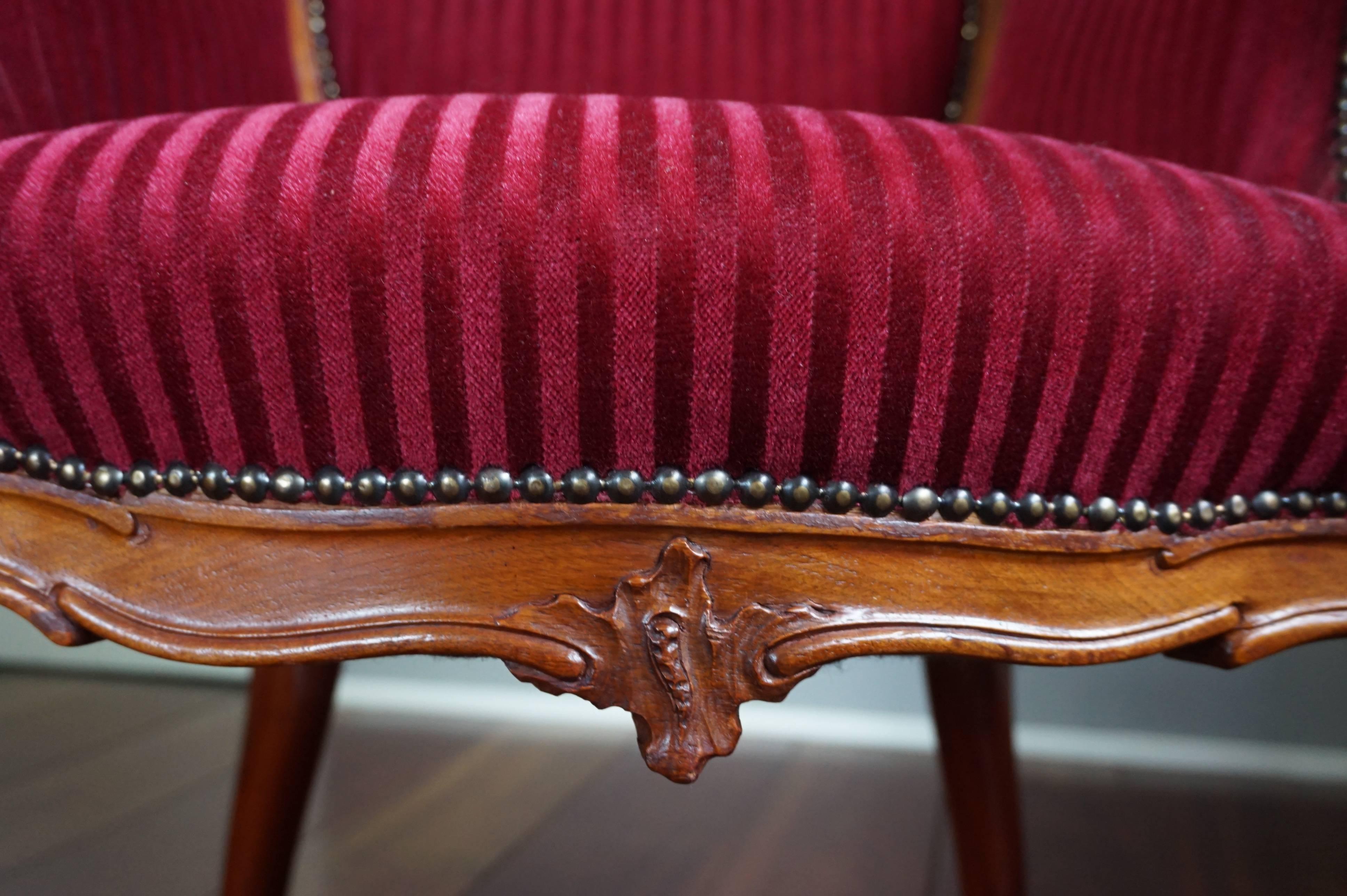 Antique and Stunning 19th Century Hand-Carved Mahogany and Red Velour Chair 3
