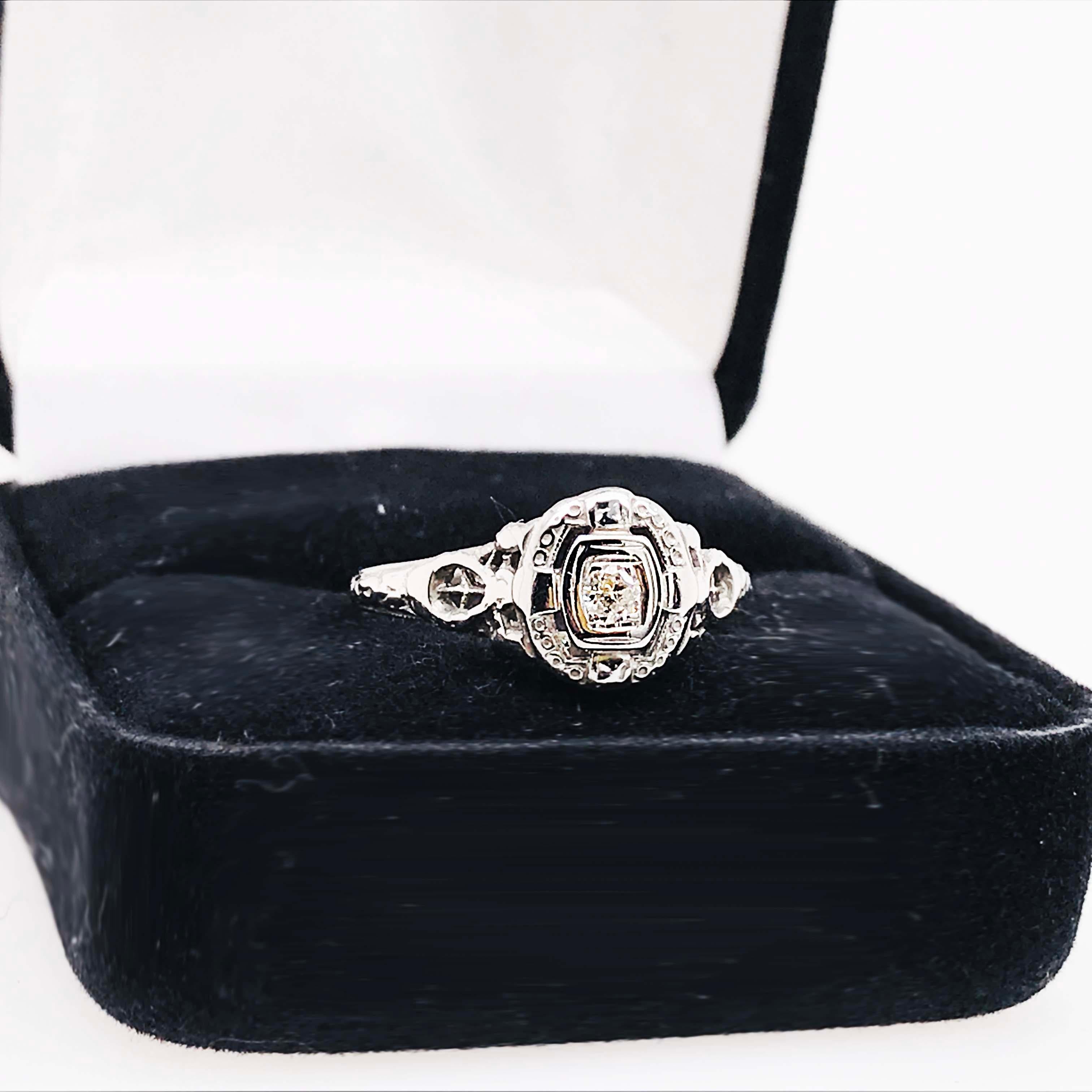 Art Deco Round Diamond Ring, Antique 0.05 Carat Estate Engagement n 18 Karat White Gold