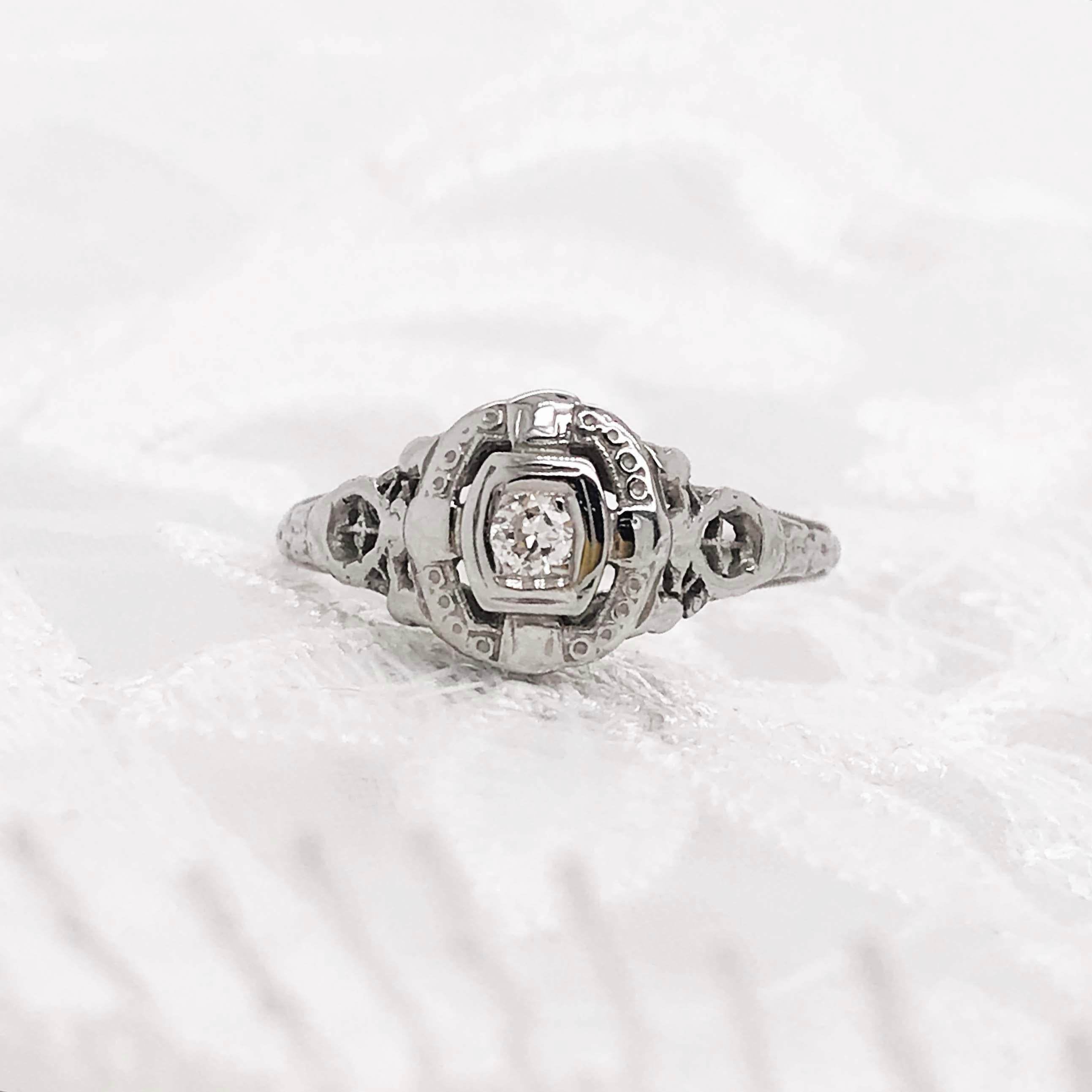 Round Diamond Ring, Antique 0.05 Carat Estate Engagement n 18 Karat White Gold In Excellent Condition In Austin, TX