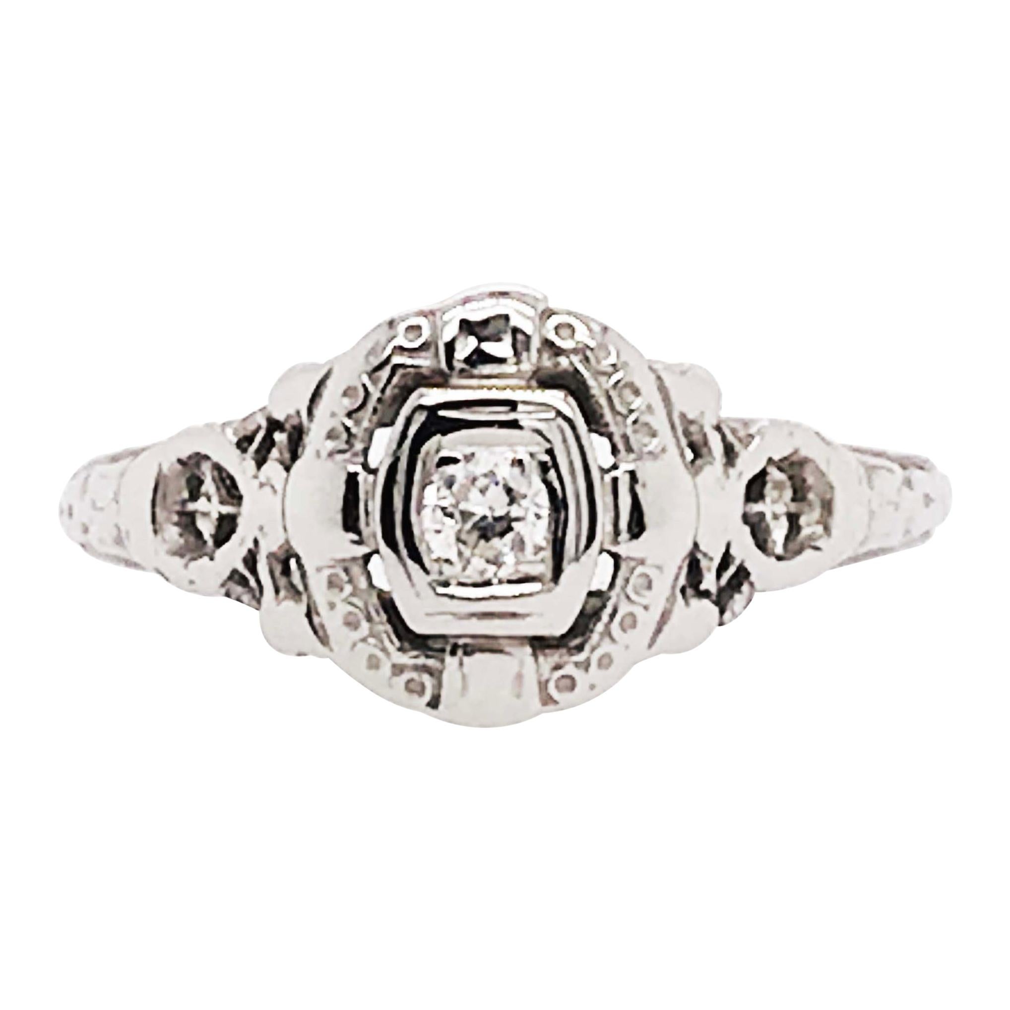 Round Diamond Ring, Antique 0.05 Carat Estate Engagement n 18 Karat White Gold