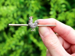 Antique Diamond, Ruby and Enamel 14k Yellow Gold Cockerel Bar Brooch
