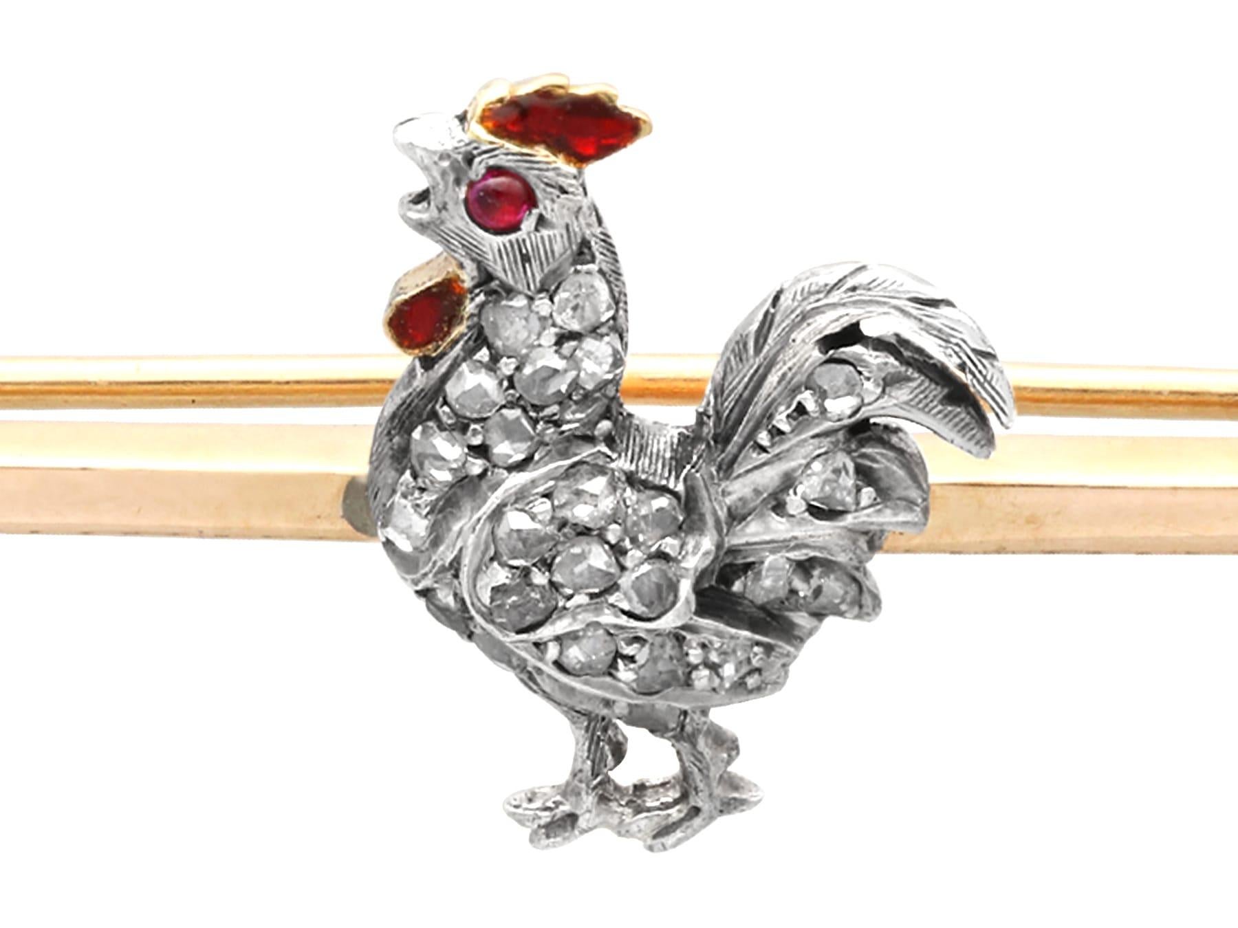 Cabochon Antique 0.13Ct Diamond, Ruby and Enamel, 14k Yellow Gold Cockerel Bar Brooch  For Sale