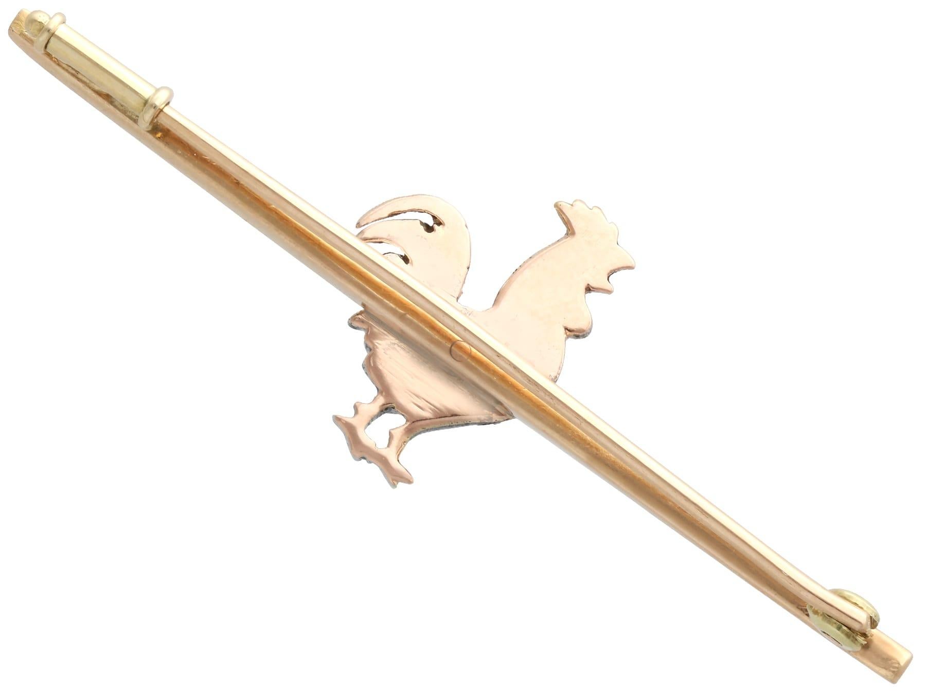 Women's or Men's Antique Diamond, Ruby and Enamel 14k Yellow Gold Cockerel Bar Brooch For Sale