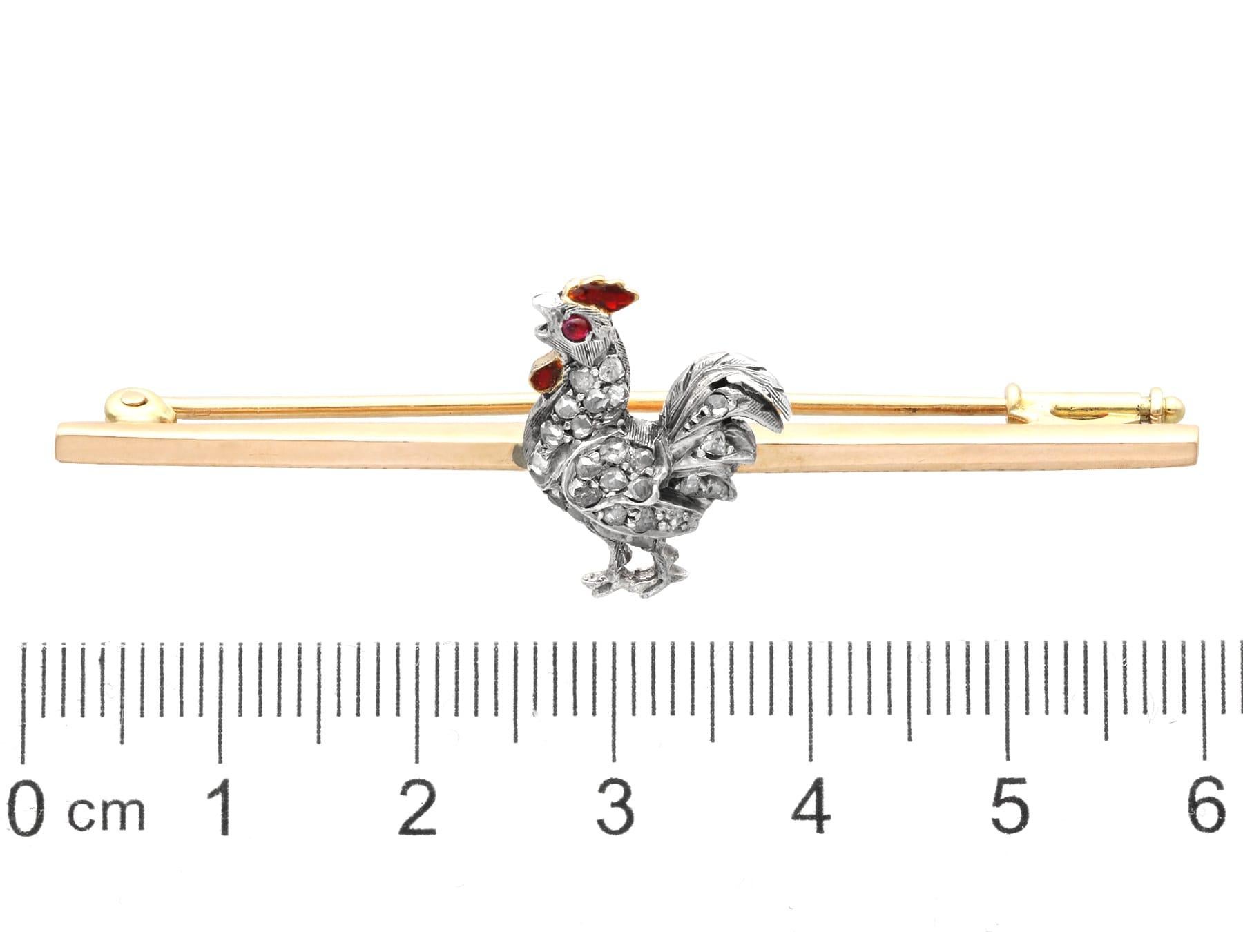 Antique Diamond, Ruby and Enamel 14k Yellow Gold Cockerel Bar Brooch For Sale 2