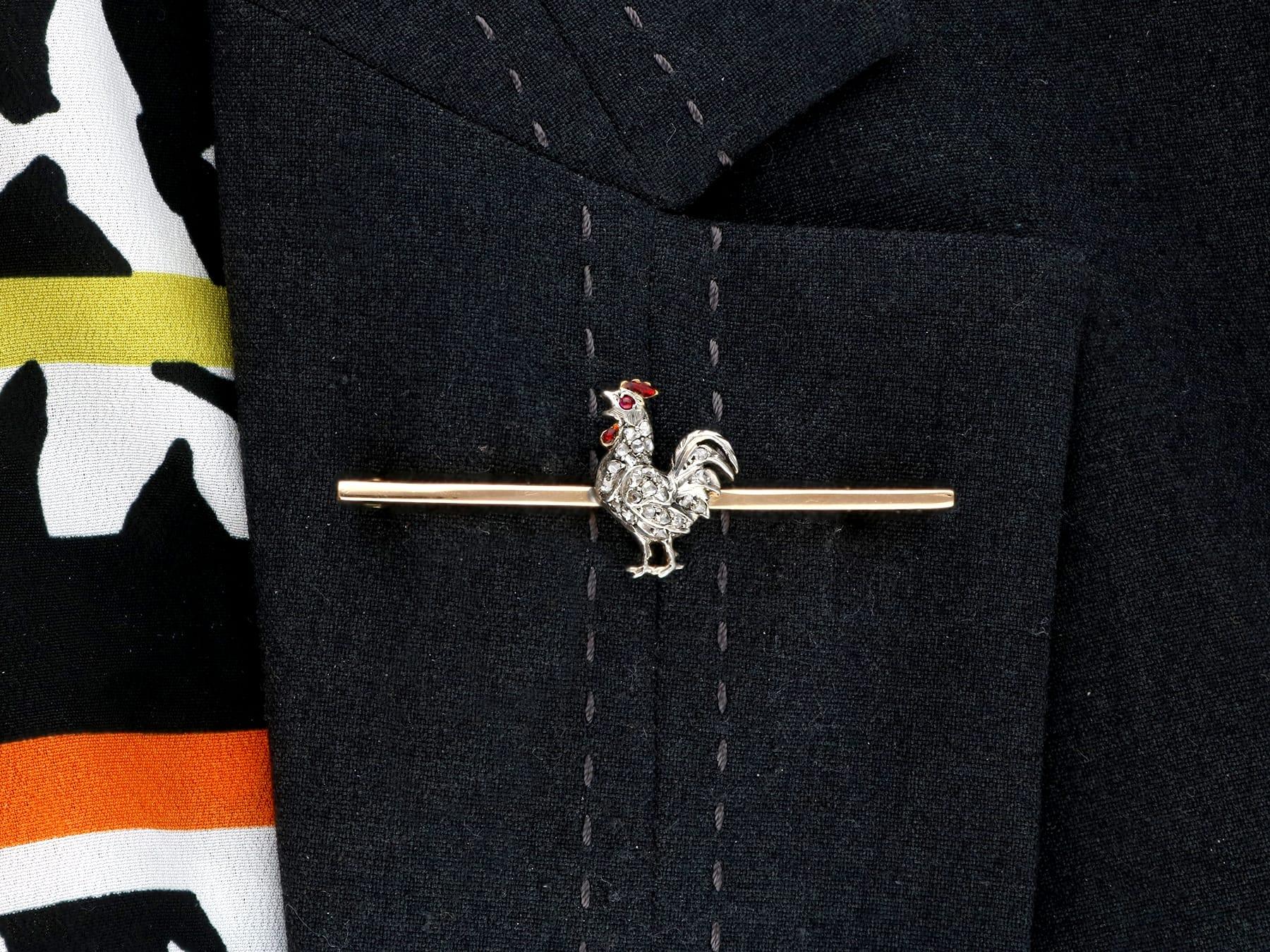 Antique Diamond, Ruby and Enamel 14k Yellow Gold Cockerel Bar Brooch For Sale 4