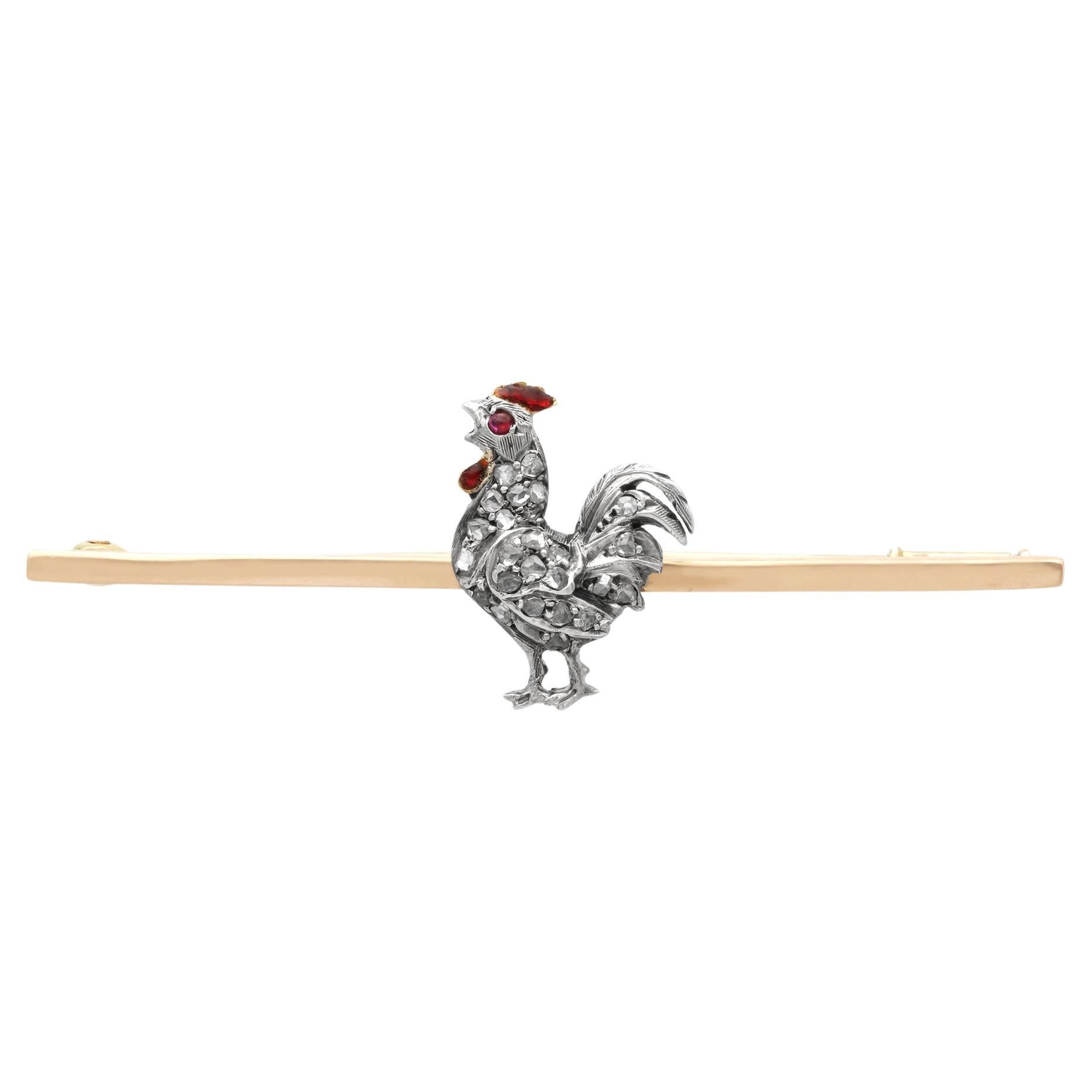 Antique Diamond, Ruby and Enamel 14k Yellow Gold Cockerel Bar Brooch
