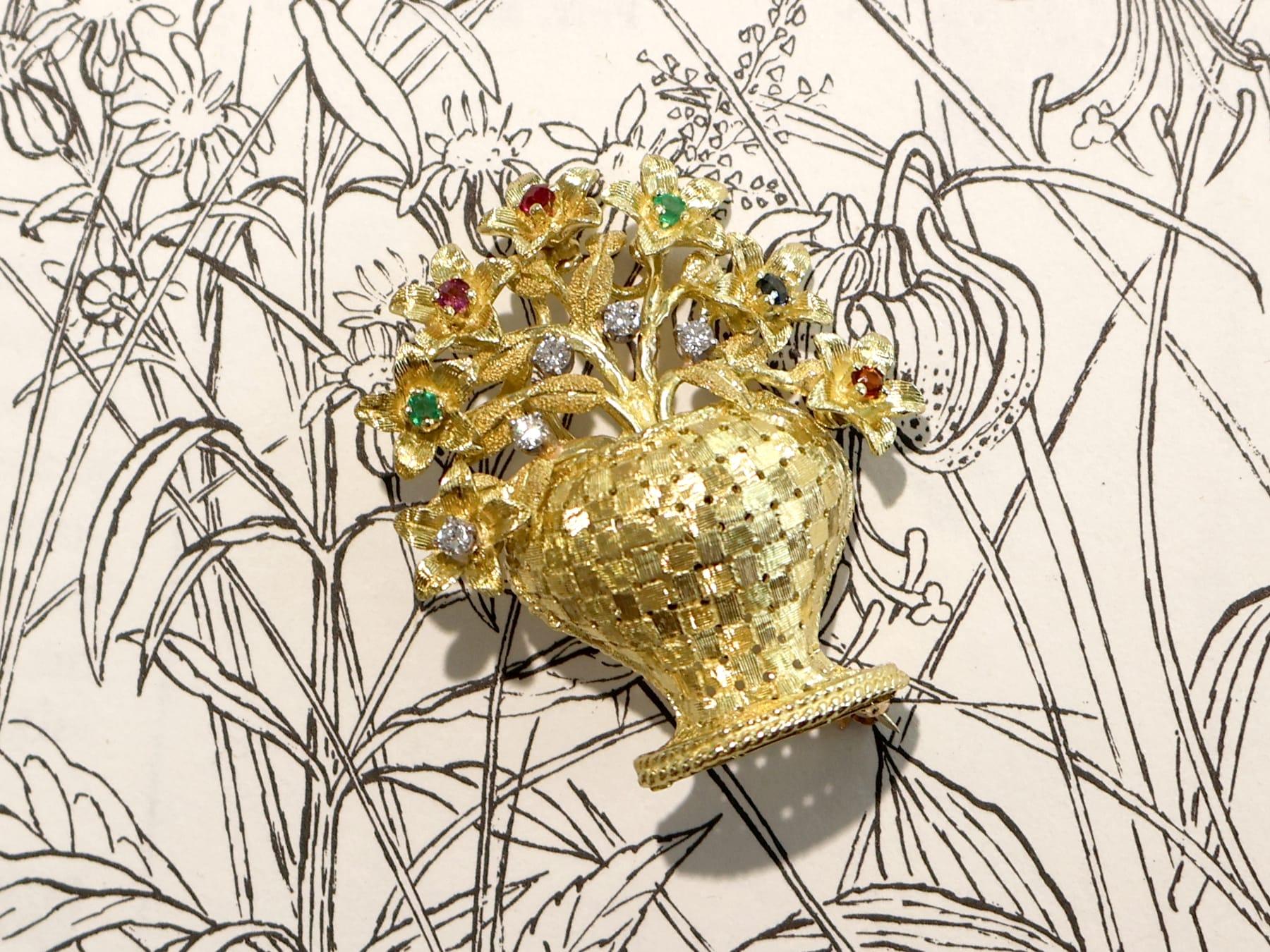 da uomo o donna Antica spilla in oro giallo 18 ct. 0,15 ct. e diamanti 0,12 ct. in vendita