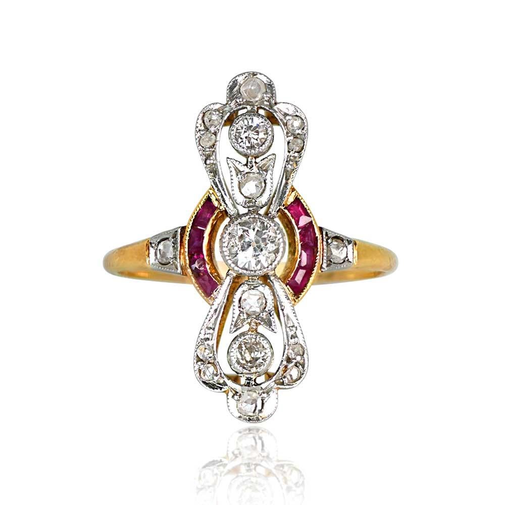 Antique Diamond, Ruby, and Rose Cut Diamond Ring: A captivating piece featuring an old European cut center diamond of around 0.15 carats, embraced by curved caliber French-cut rubies. The trio of diamonds is framed by rose-cut diamonds forming a