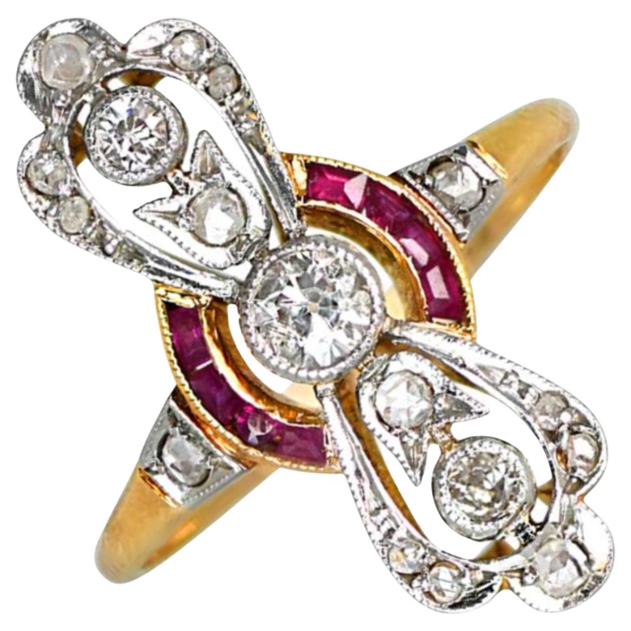 Antique 0.15ct Old European Cut Diamond Cocktail Ring, Platinum &18k Yellow Gold For Sale