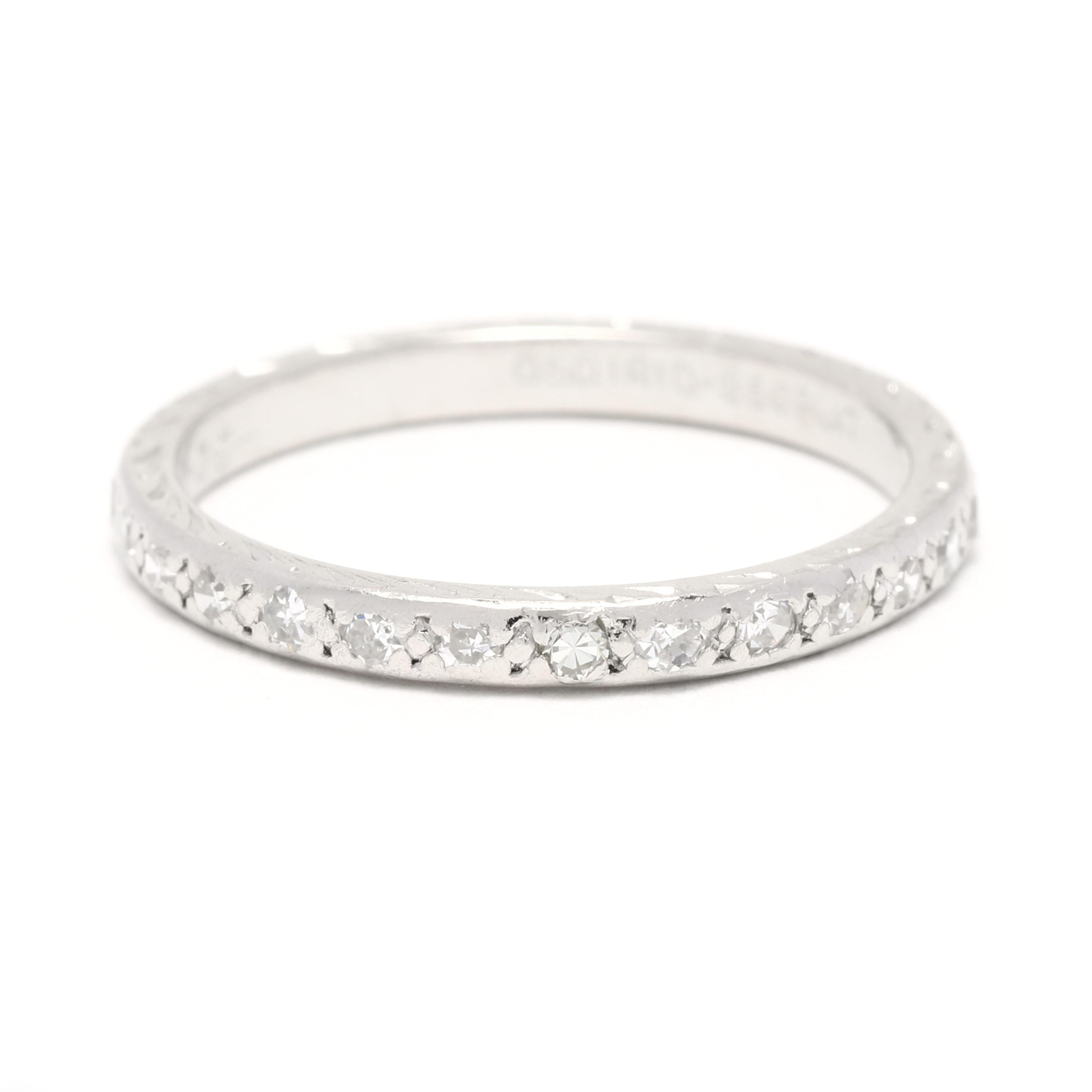 This stunning antique 0.15ctw diamond wedding band is crafted of platinum and is a ring size 4.75. The antique platinum band features a row of 0.15ctw diamonds, making it the perfect stackable diamond band for any special occasion. This beautiful