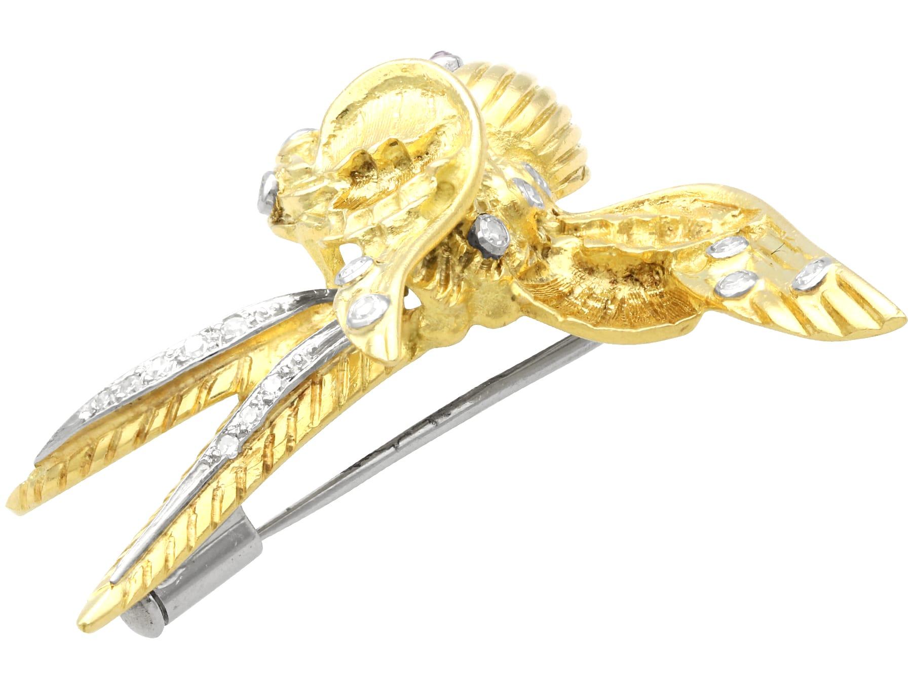 Cabochon Antique 0.19 Carat Diamond and Ruby 18k Yellow Gold Bird Brooch For Sale