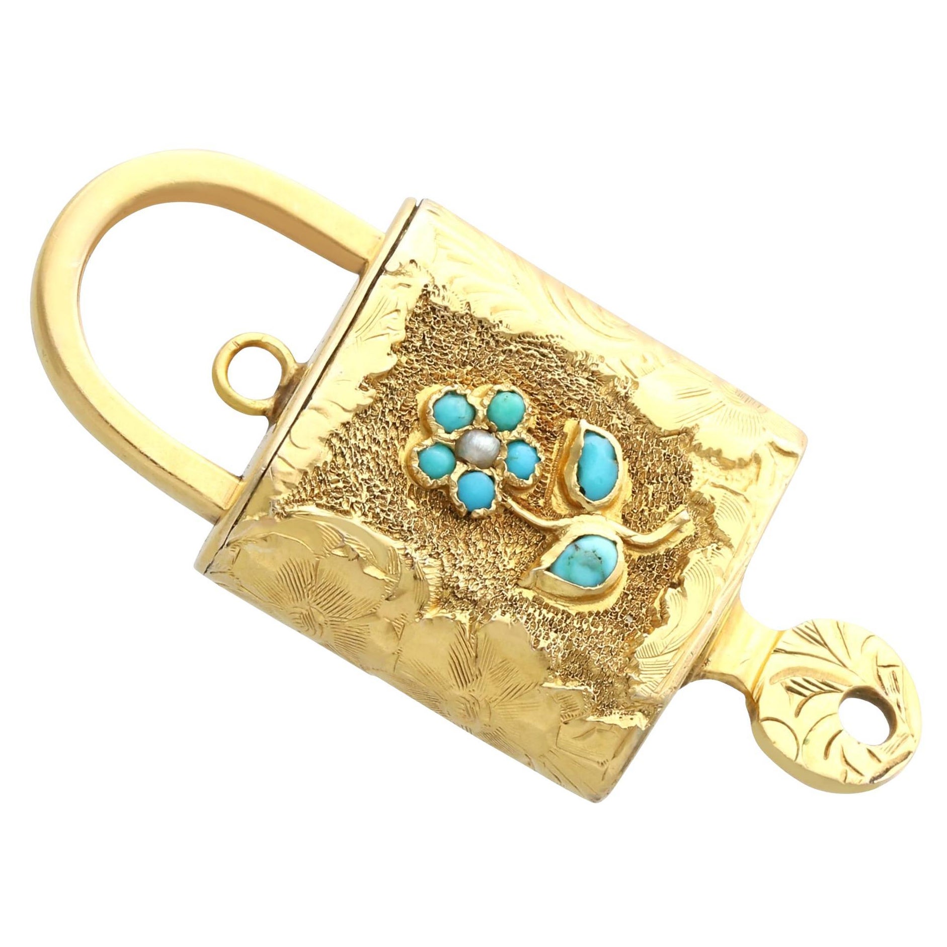 Antique 0.20Ct Turquoise and Pearl 9k Yellow Gold Padlock/Bracelet Clasp